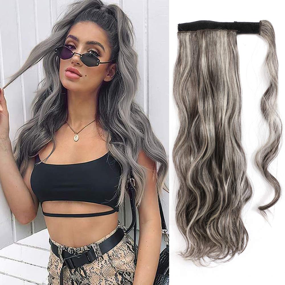 18 Inch Long Curly Wave Clip in Ponytail Extension for Black Women Wavy Synthetic Wrap Around Pony Tail Hair Extensions Drawstring Hairpiece(613/4)