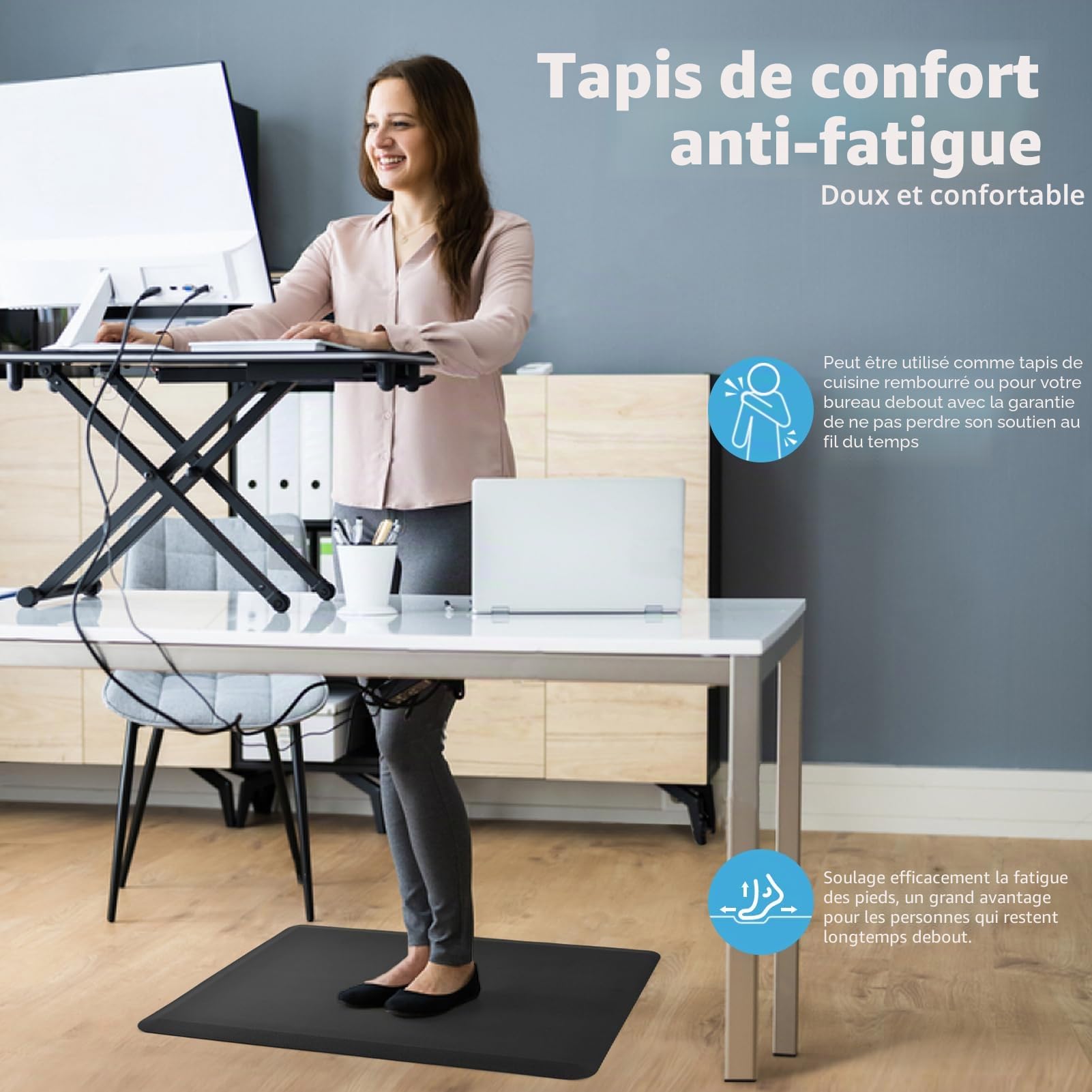 Art3d Lot de 1 Tapis Anti-Fatigue,Tapis de Cuisine rembourré de 1,2 cm,Coussin Confortable en Mousse antidérapante pour Bureau Debout, Bureau ou Garage，71 x 44 x 1,2 cm, Noir