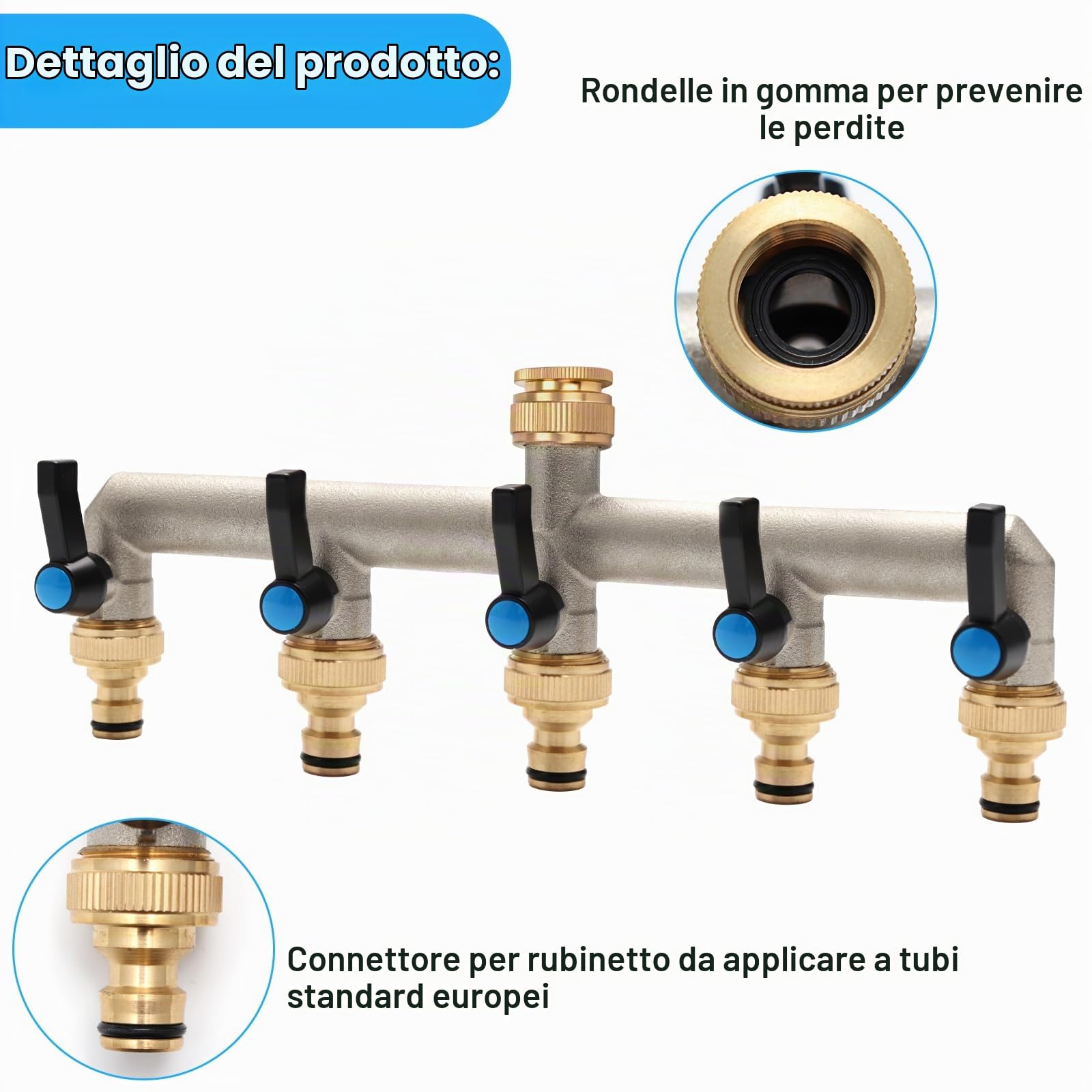 Distributore dell'Acqua a 5 Vie, in Ottone, Adattatore da 3/4 Pollici con 5 connettori per Rubinetto da 3/4" a 1/2" per casa, Cortile/Lavatrice