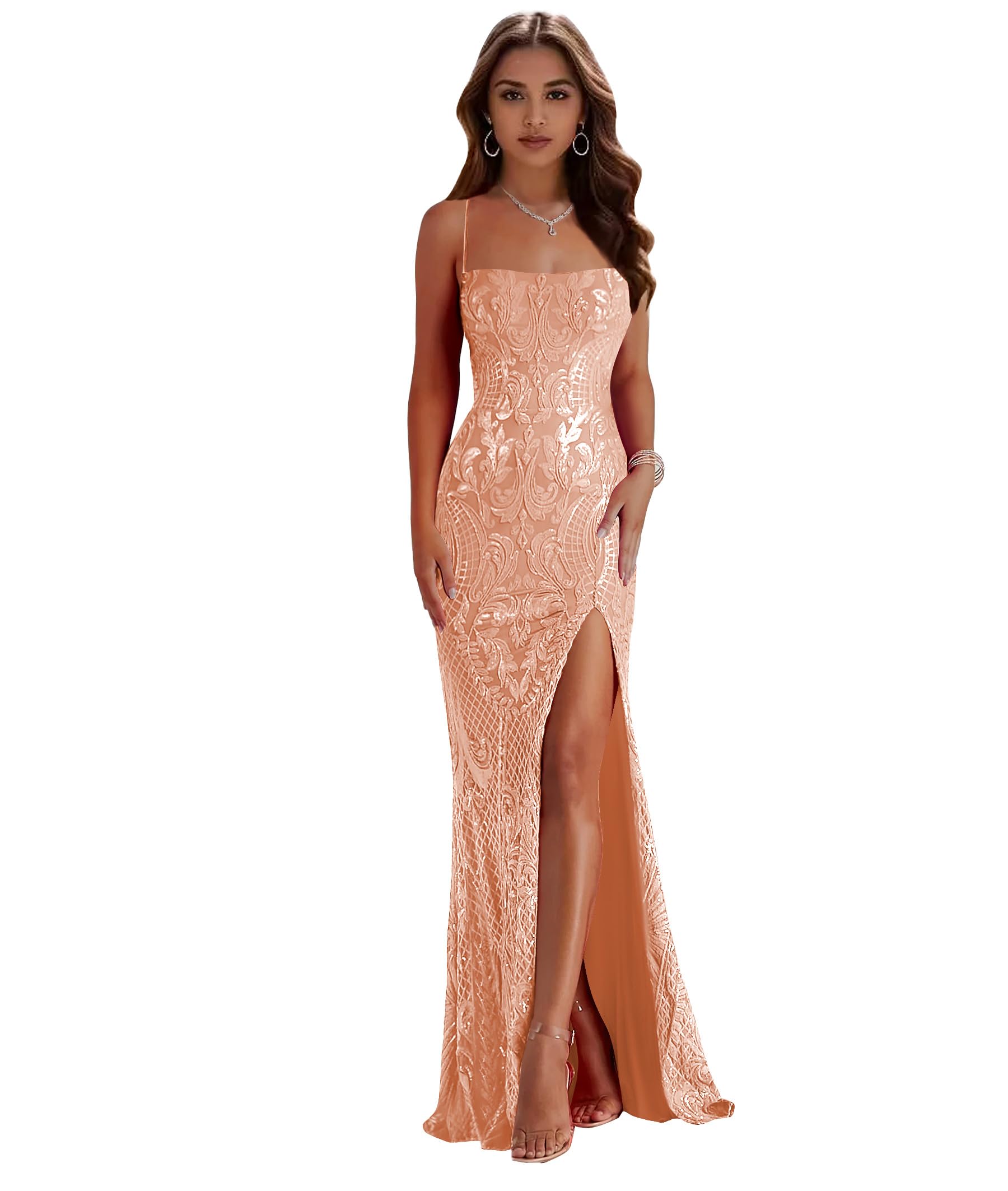 Women's Mermaid Sequin Prom Dresses with Slit Sparkly Spaghetti Straps Long Evening Dress Corset Formal Gown