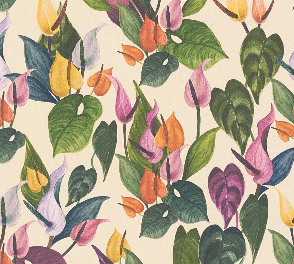 Livingwalls Anna D'Andrea 782101 Non-Woven Wallpaper Floral 10.05 m x 0.53 m Cream Green Pink Colourful Wallpaper Leaves