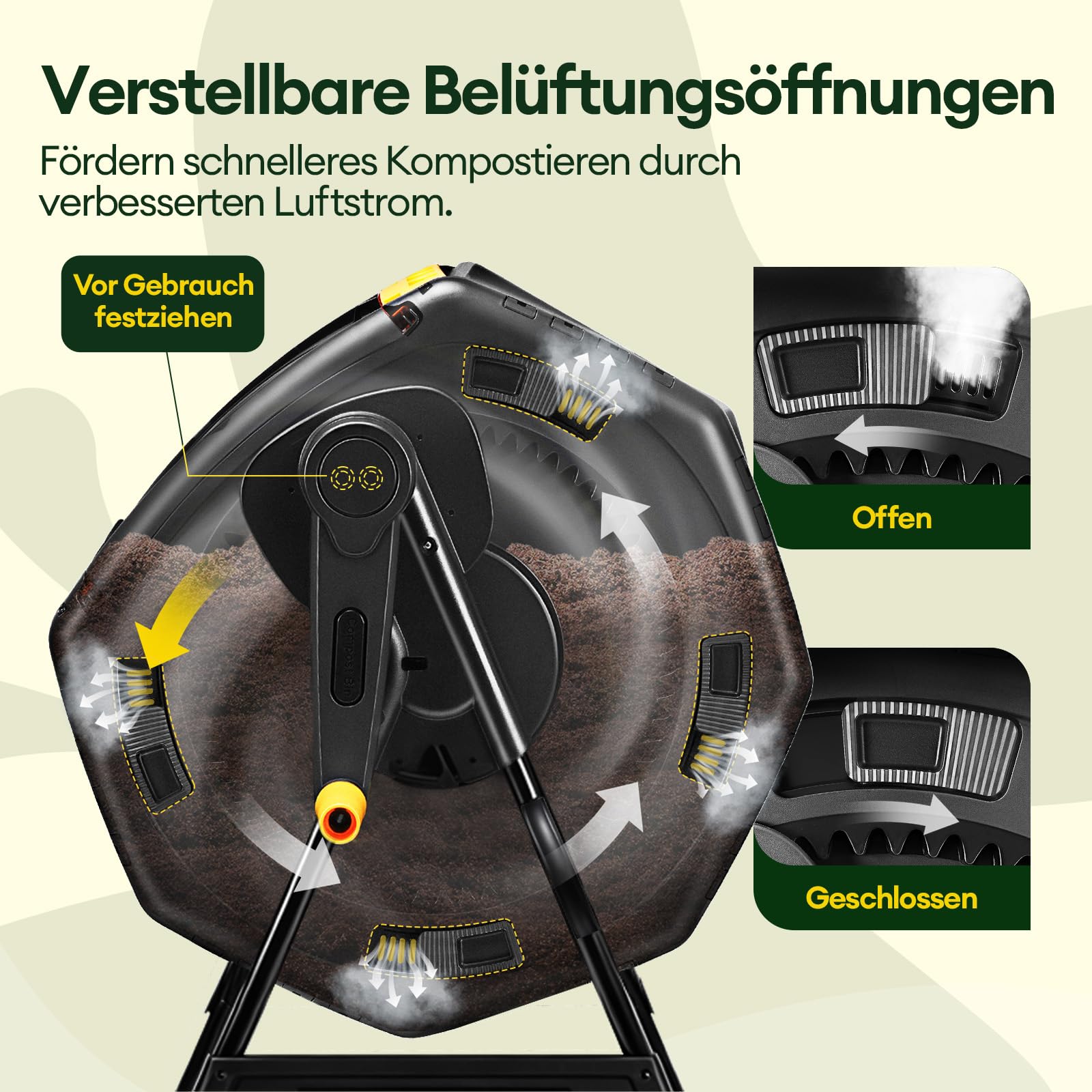 Maygrove Komposter Garten 200L Schnellkomposter mit 2 Großen Kammern und Schiebetüren Trommelkomposter 360°-Drehung mit Stabilem Stahlrahmen für Küchen- & Gartenabfälle