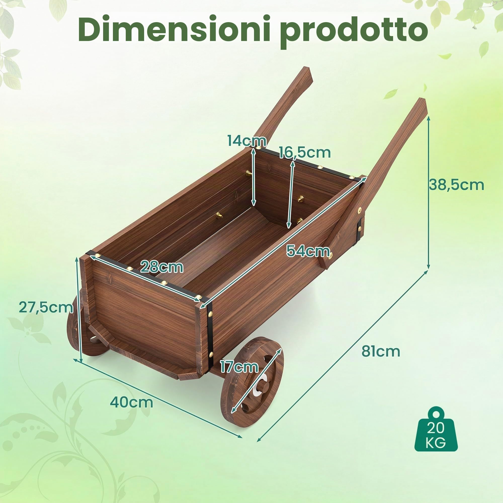 HOMASIS Carriola da Giardino in Legno, Carrello per Piante con Manico e Ruote, Fioriera Rialzata da Esterno con Fori di Drenaggio, Decorazione per Giardino, Balcone, Terrazza (81 x 40 x 38,5 cm)