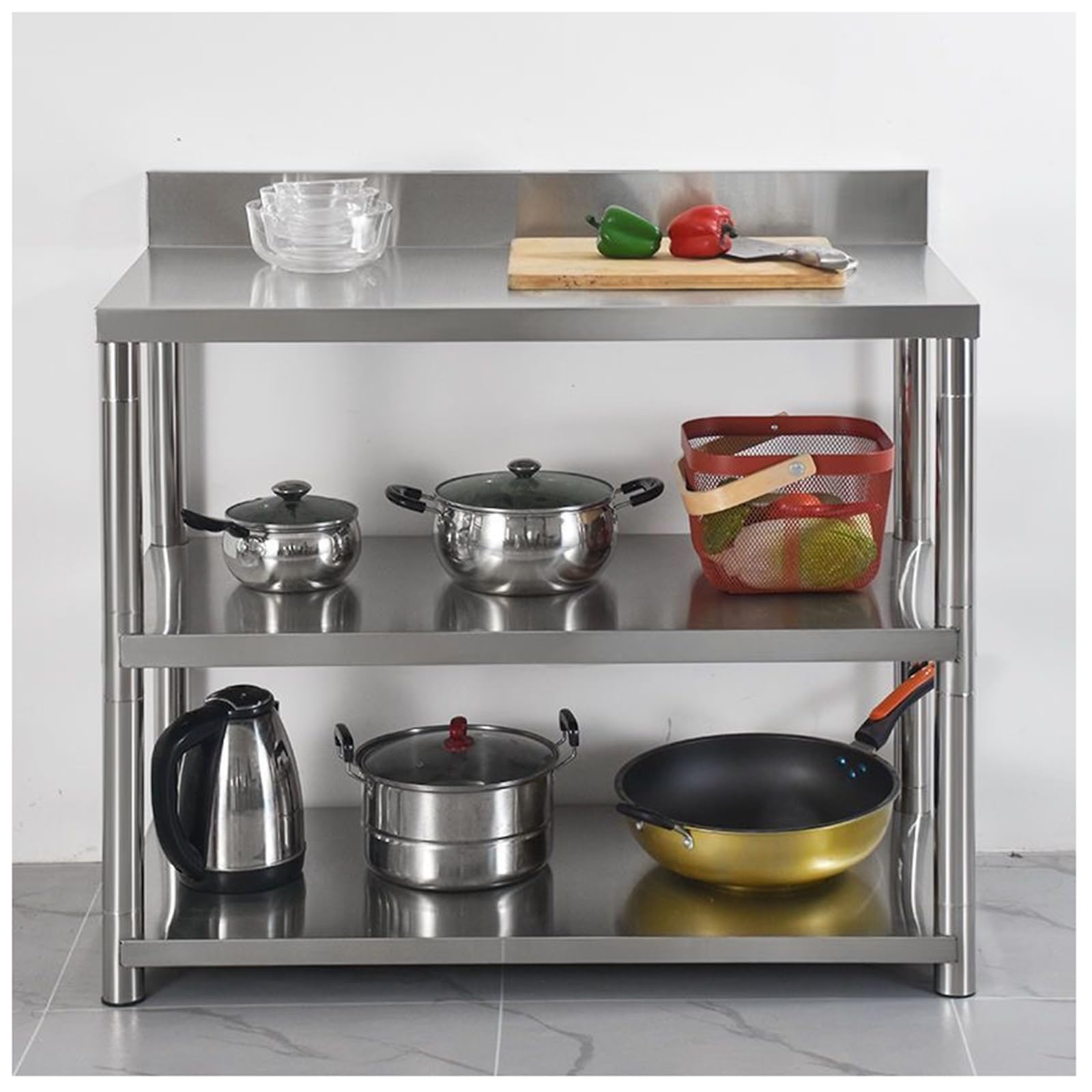 Cucina Ristorante 3 Piani Tavolo da Lavoro Banco da Lavoro in Acciaio Inossidabile Spazzolato Design con Pannello di Protezione E Scanalature Tubi Quadrati Rinforzati per Il Fissaggio