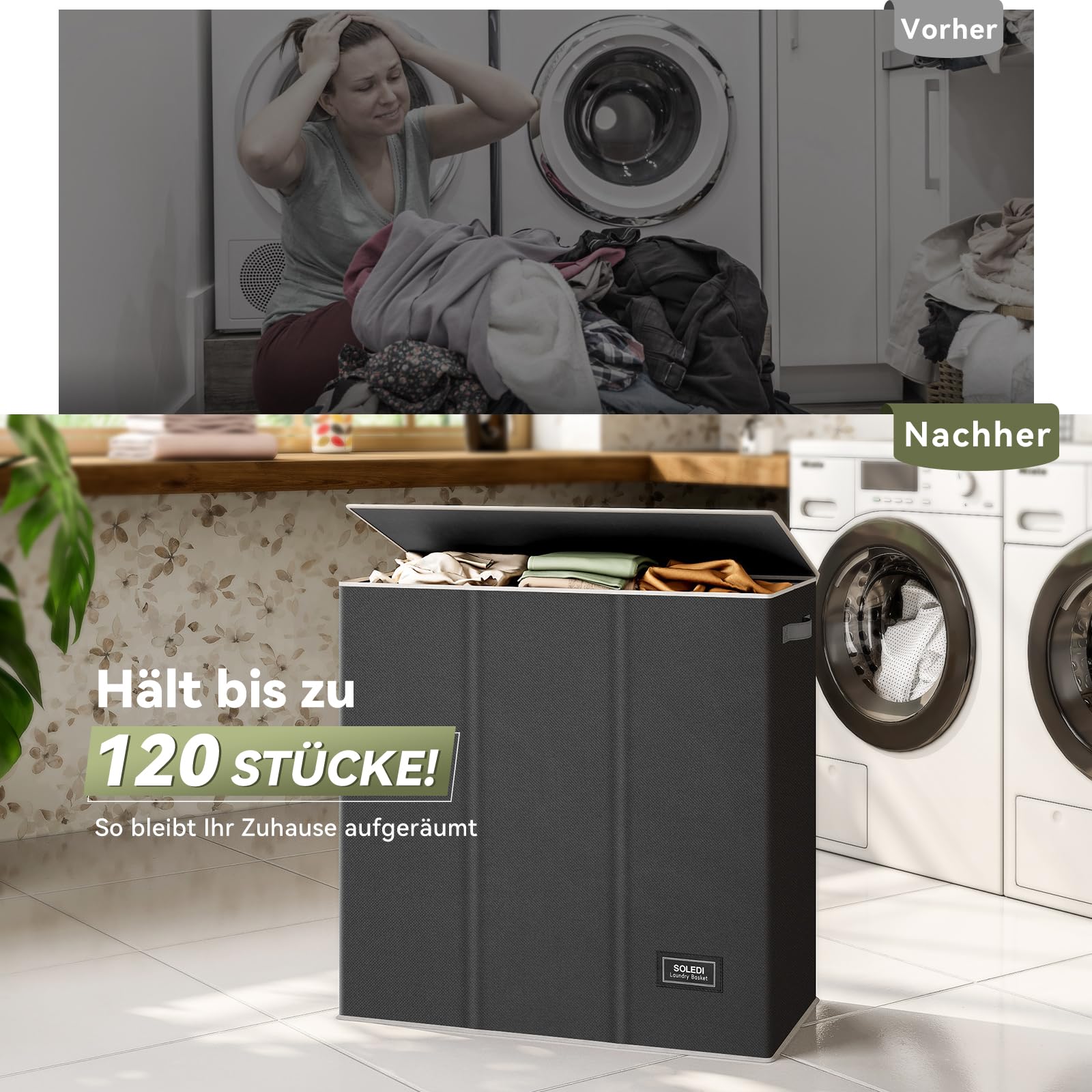 SOLEDI 160L Cesto portabiancheria, contenitore per biancheria 3 scomparti con coperchio e 3 sacchetti per biancheria - Cesto per la biancheria grande XXXL per bagno, camera da letto, lavanderia