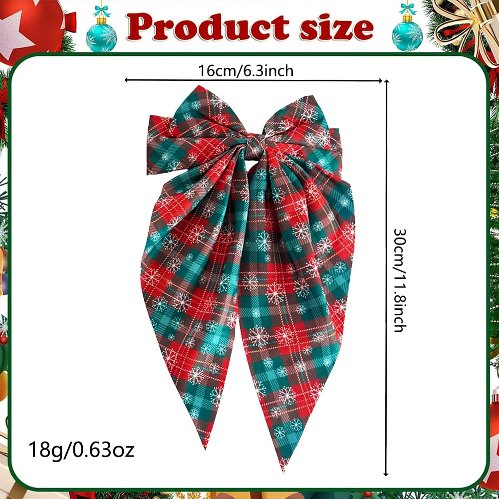 1Pcs Christmas Hair Bow Clips Red Green Plaid Hair Clips Long Tail French Bows Hair Barrettes Winter Snowflake Hair Accessories Xmas Theme Big Bowknot Hair Decorations Supplies for Women Holiday Gifts image 2