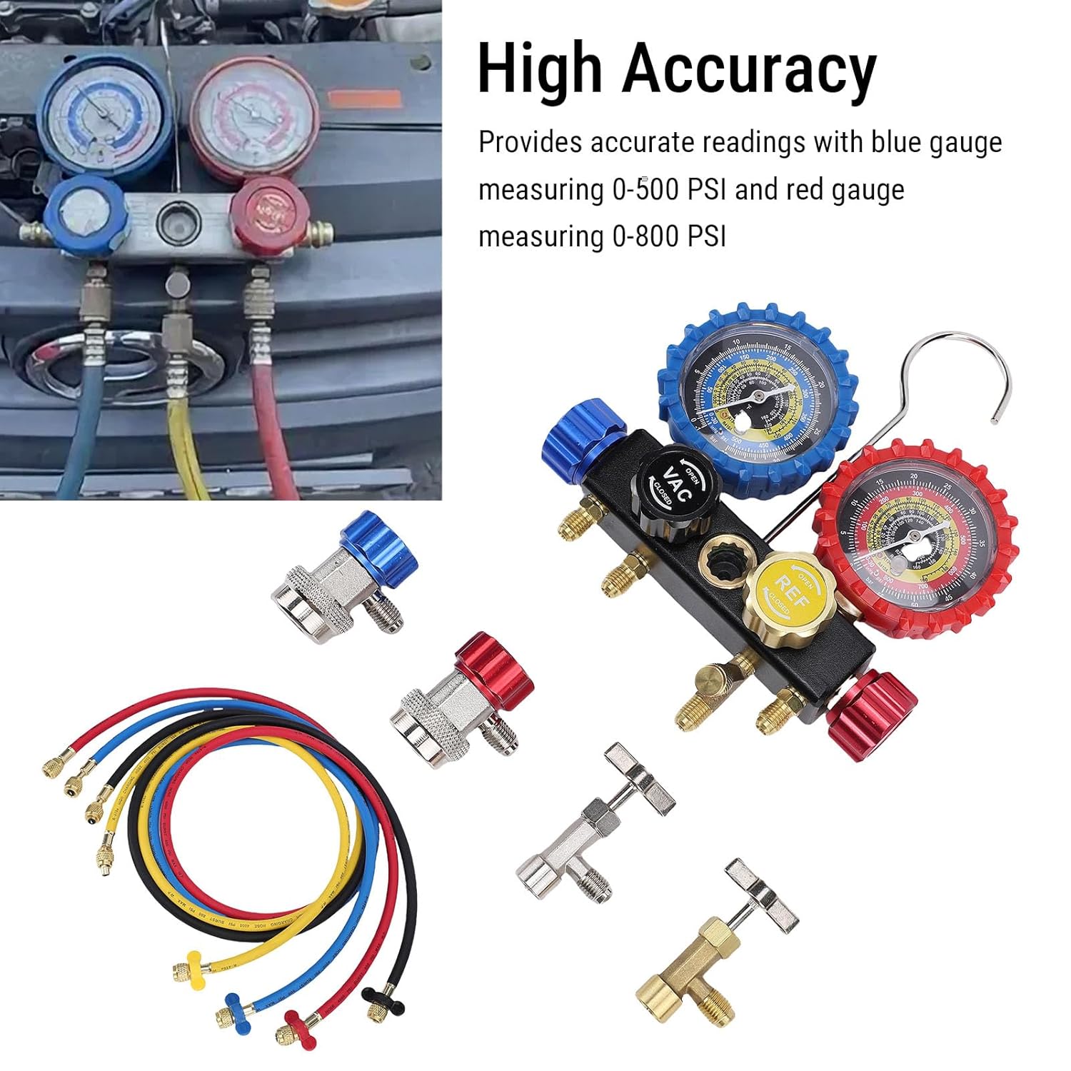 Kikumi HVAC Meters with Hoses, R410A R32 R134A R22 Professional Household Replacement AC Pressure Gauge Set, Safety Valves, Adapters, Flow Meter,