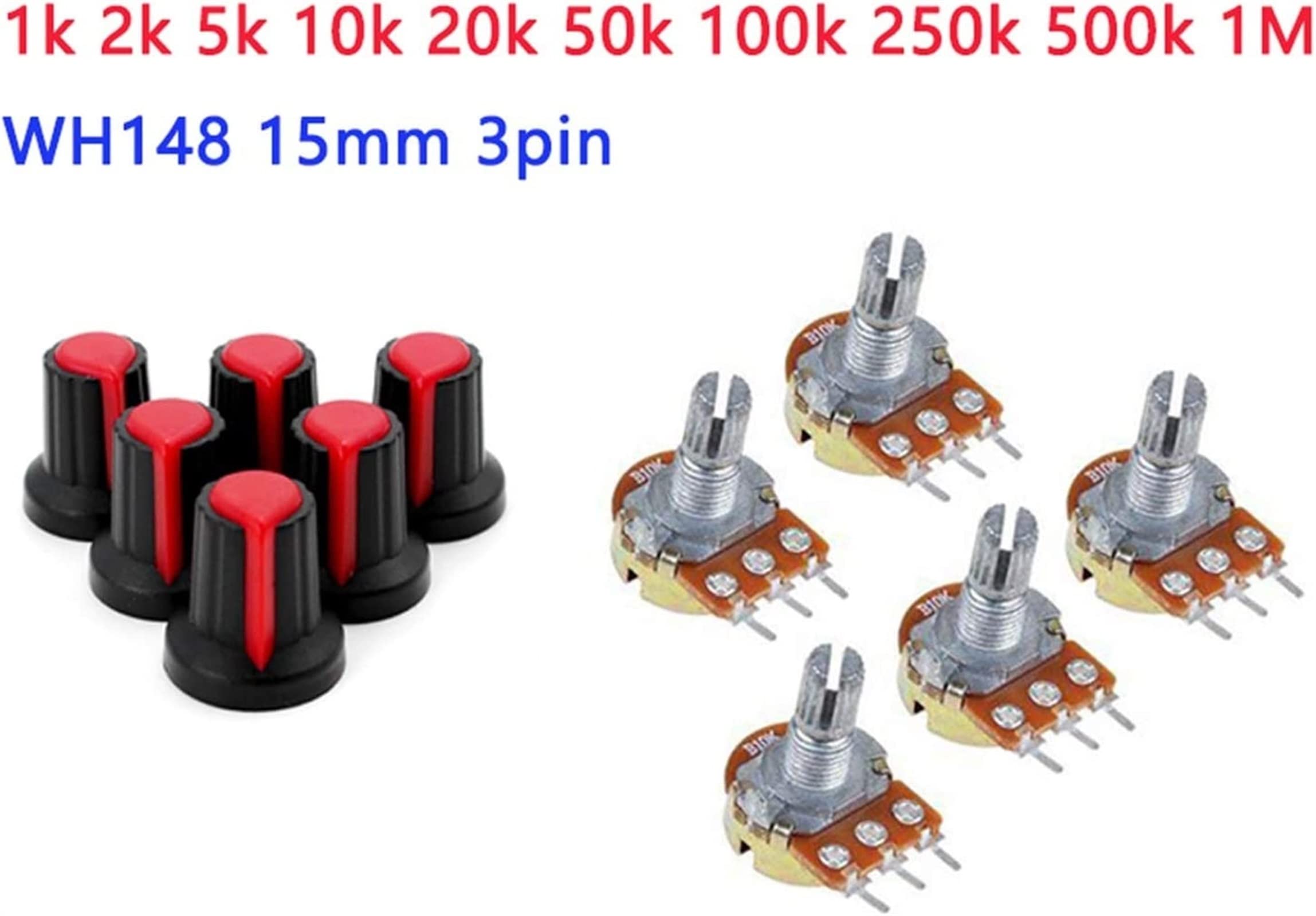 Accesorios de bricolaje Codificador rotatorio 5 unids/lote potenciómetro de película de carbono WH148 15mm 3 pines + Kit de tapa de perillas de interruptor giratorio rojo B1K 2K 5K 10K 20K 50K 100K 25