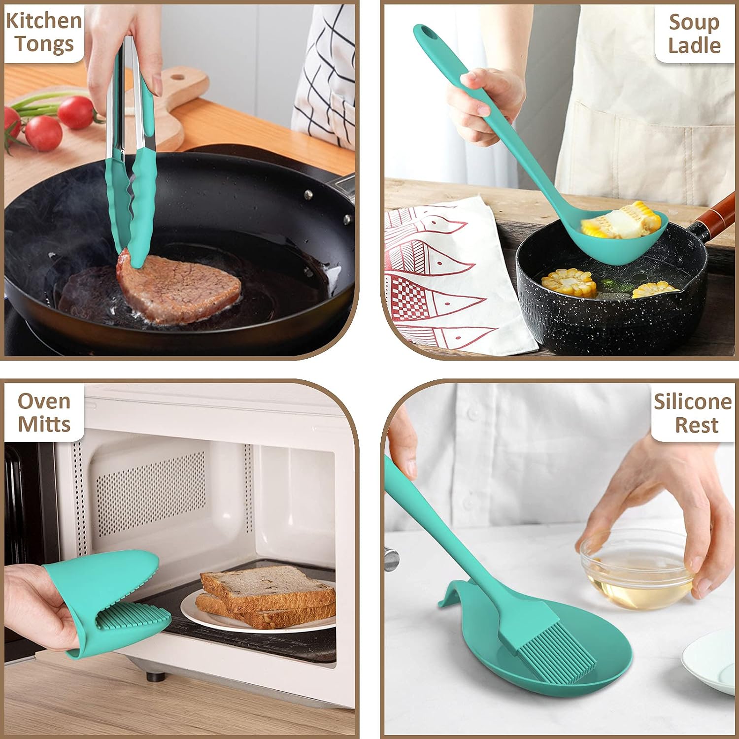 Silicone Cooking Utensils Set, 28Pcs Non-Stick Heat Resistant Kitchen Utensils Spatula Set for Baking, Cooking, and Mixing, Best Kitchen Gadgets Tools, One Piece Design (Green)