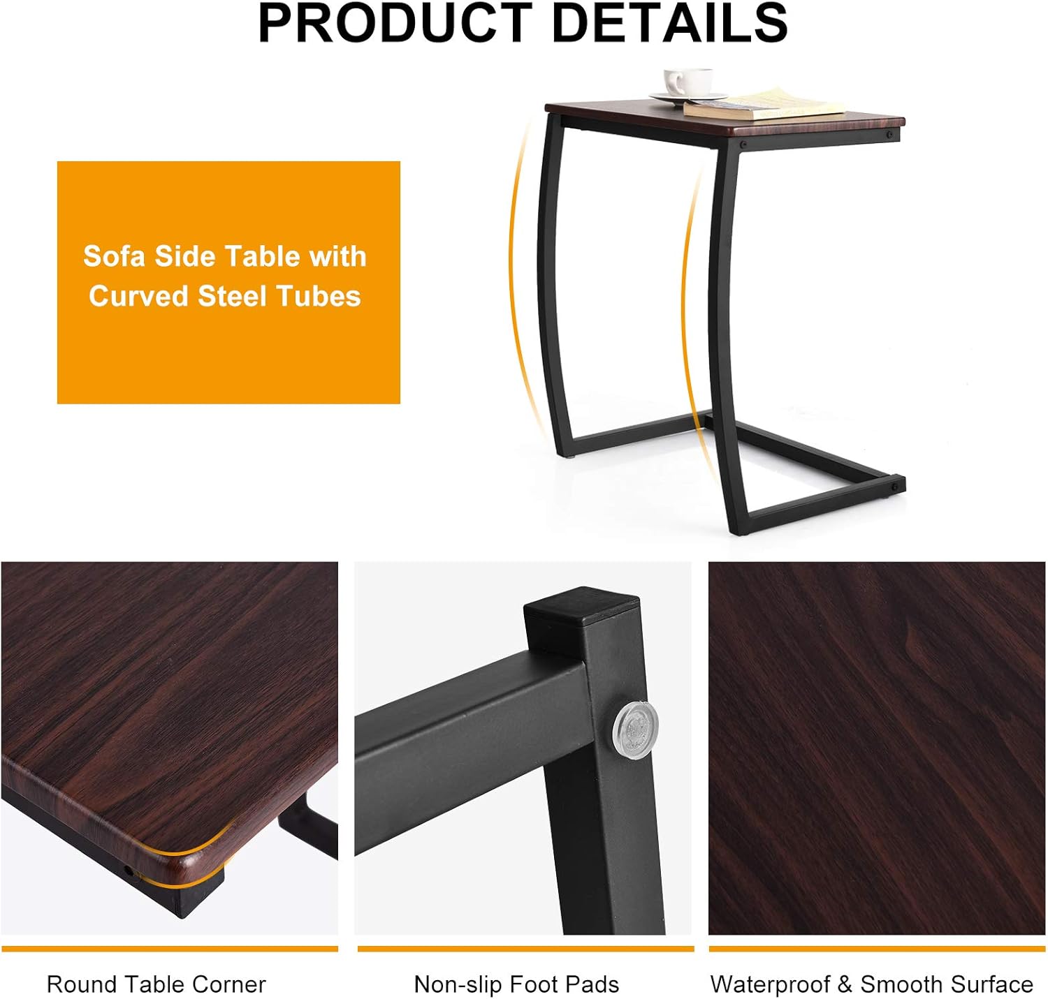 Tangkula C-Shaped Couch Side Table, Portable Snack TV Tray With Steel Frame for Bed, Sofa, Living Room, Bedroom, 13.5 in x 22 in x 24.5 in, Brown