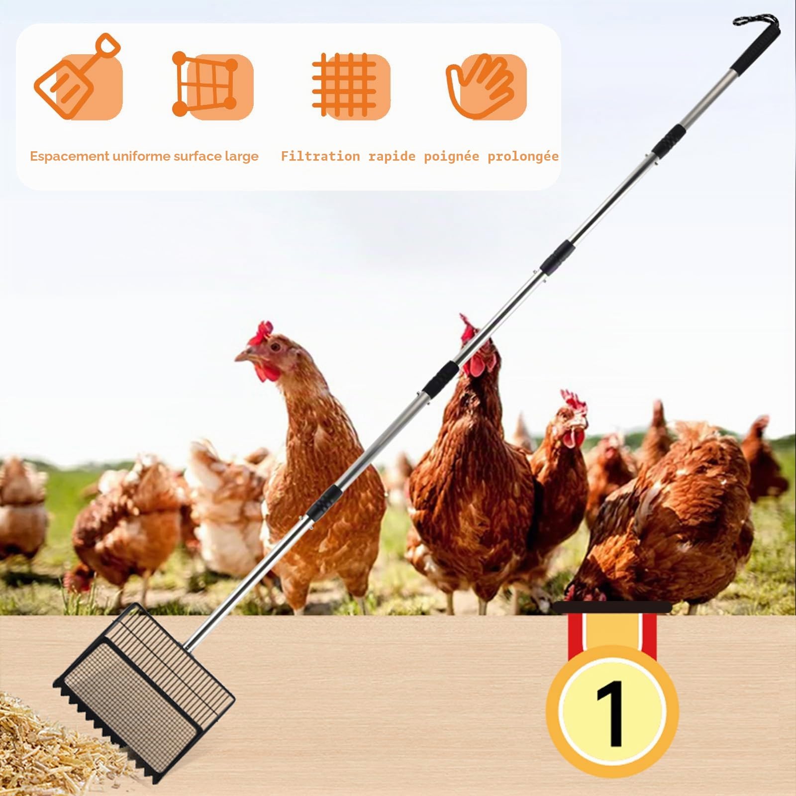 Pelle À Crottes De Poulet,4 En 1 Tamis Pour Poulailler,Poulailler Pelle À Crottes Réglable 85cm-175cm,Séparation Des Fèces Et Des Débris Du Sable,Pelle À Tamis Grande Pelle À Sable,Alliage d'aluminium