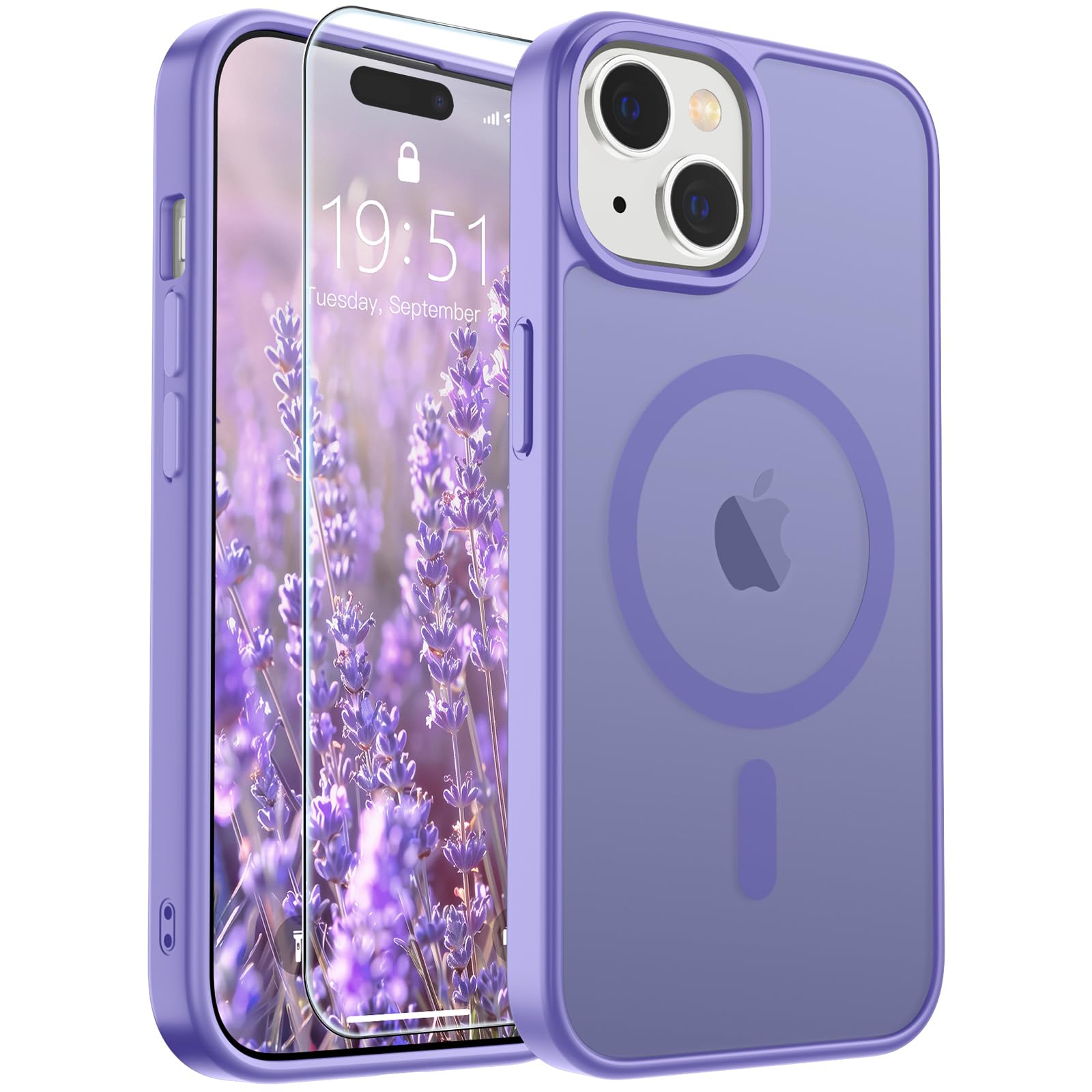 SUPFINE Magnetic for iPhone 15 Case Purple | With Screen Protector, Translucent Matte, Compatible with MagSafe, Military Grade Drop Proof, Rugged Shockproof Protective
