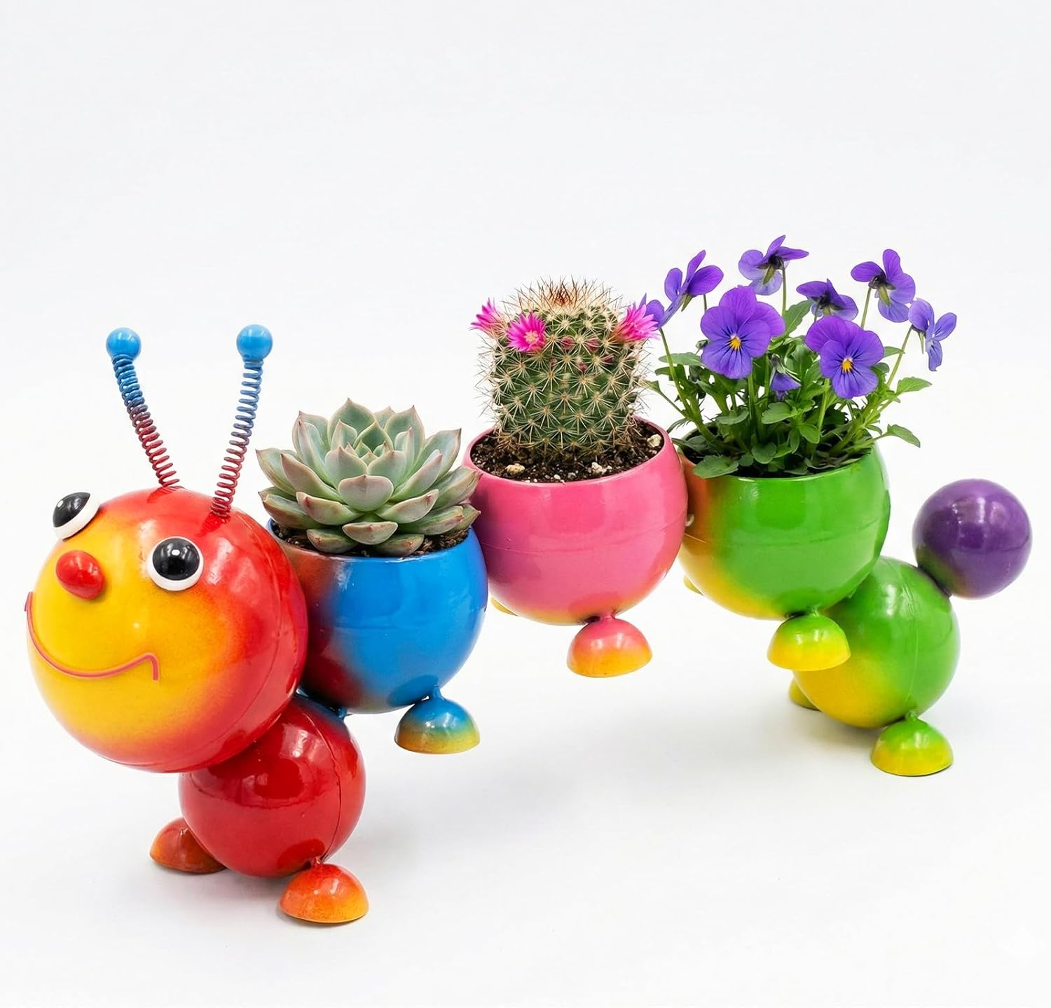Metal Yard Art Garden Decor Handmade Cute Caterpillar Flower Pot for Mini Plant Cactus Flower Planter, Small Flower Pot for Office Desktop Yard Garden, Birthday Gift for Mom, Grandma-Colorful
