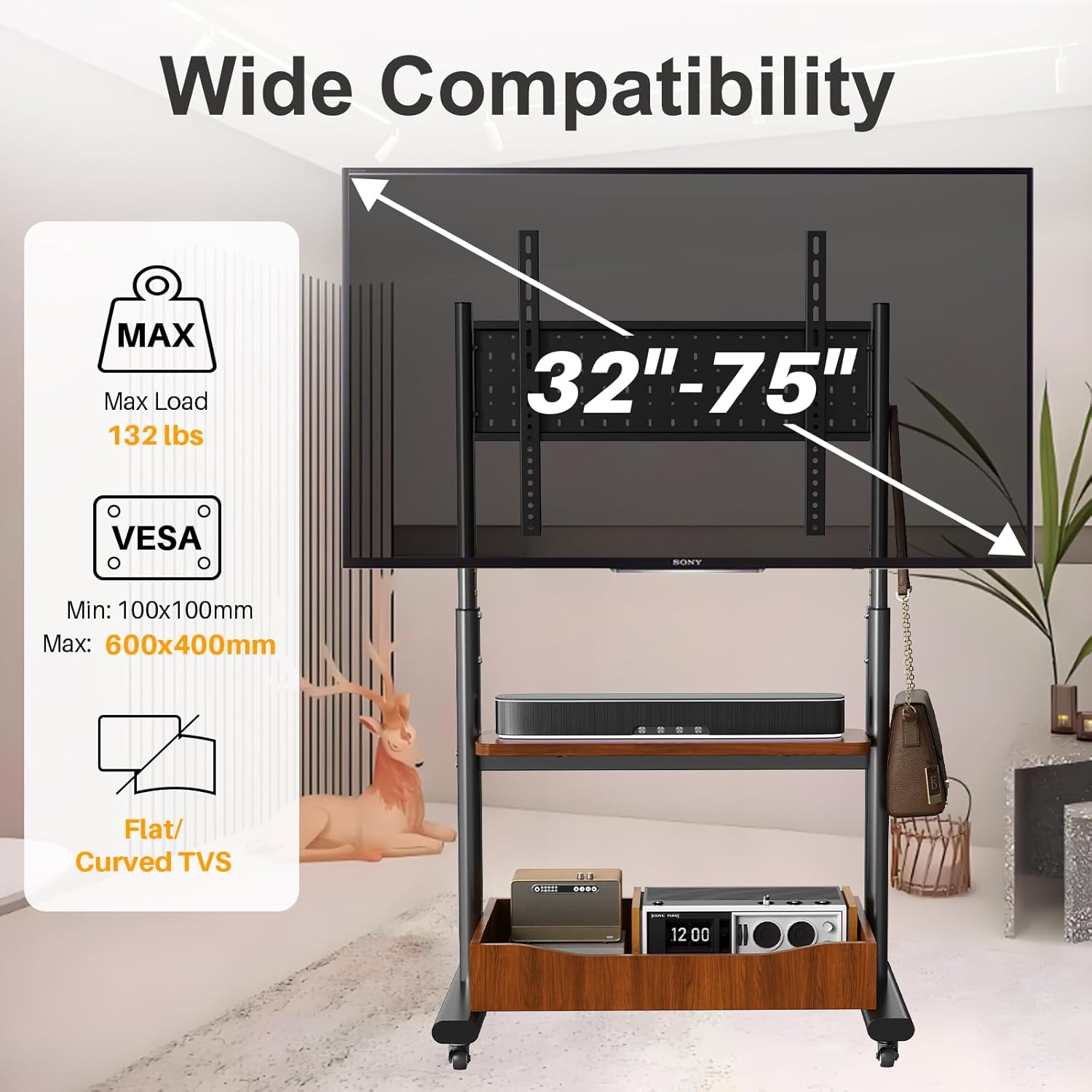 Mobile TV Cart Rolling TV Stand with Large Storage Cabinet and Pegboard Storage for 32-75 Inch Screens, Heavy Duty Portable Floor TV Stand on Wheels, Hold Up to 132 lbs, Max VESA 600x400mm