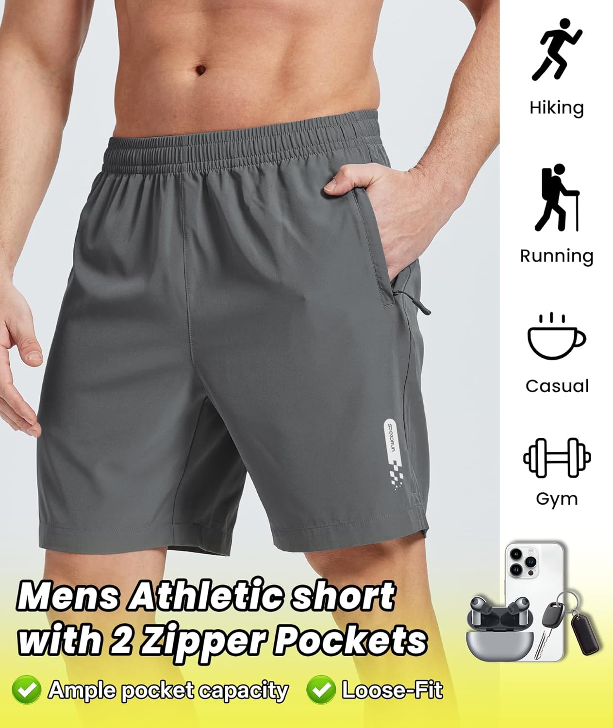ZITY Mens Athletic Running Shorts with Zipper Pocket 7'' Gym Workout Lightweght Sport Basketball Tennis Hiking Shorts for Men