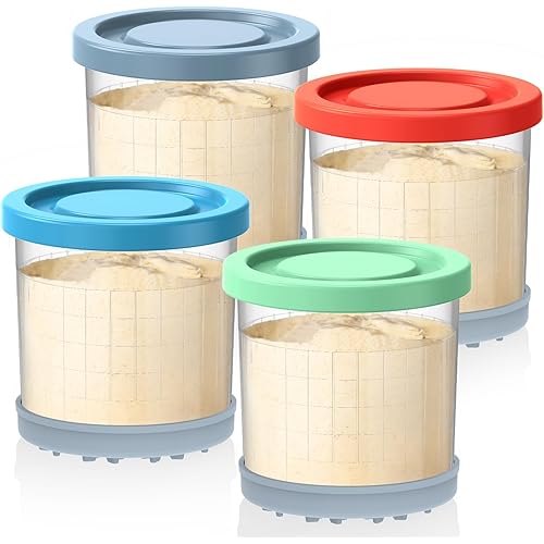 Containers Replacement for Ninja Creami Pints and Lids - 4 Pack, 16oz Cups Compatible with NC301 NC300 NC299AMZ NC290 Series Ice Cream Maker - Airtight Anti-slip