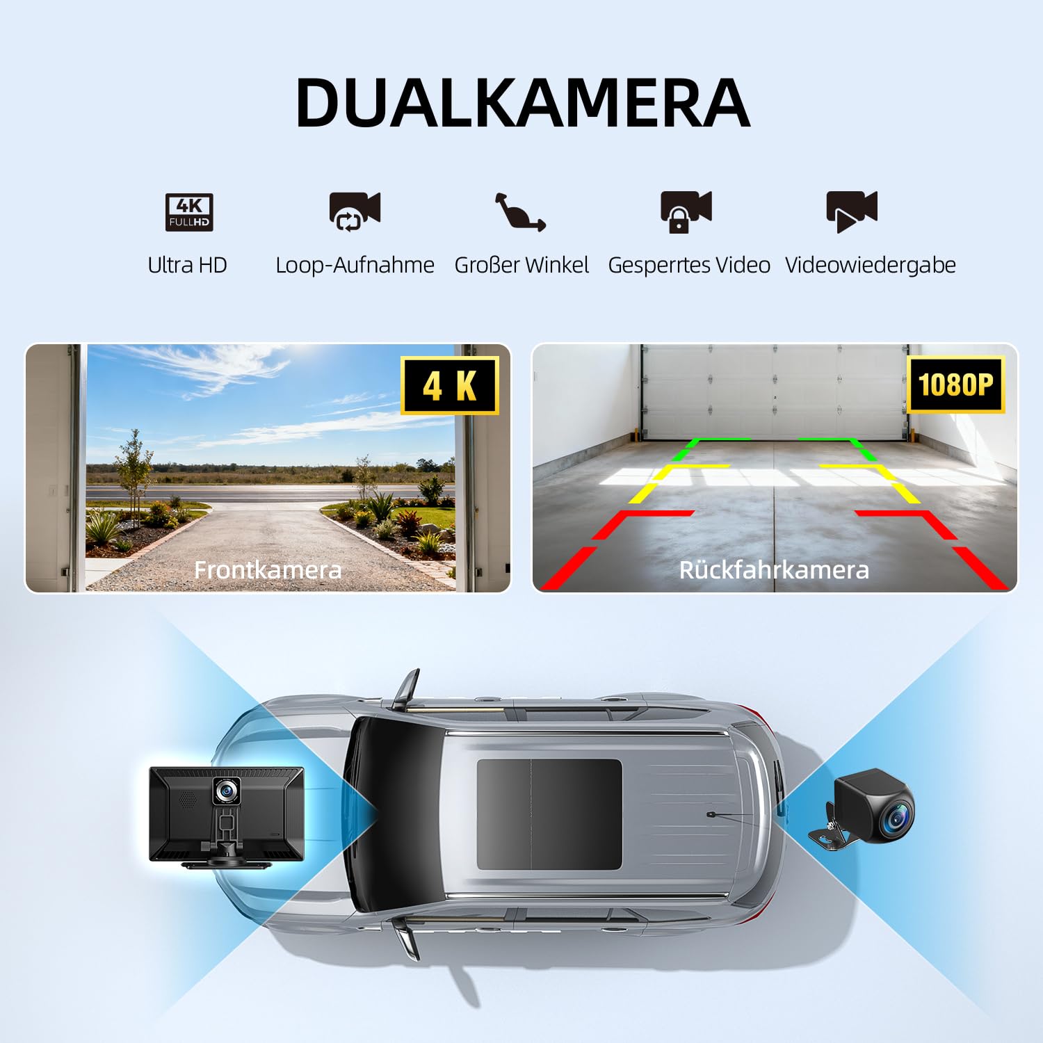eRapta 9'' Carplay Display für Apple CarPlay & Android Auto, Wireless,4K Dashcam mit 1080P IP69 Rückfahrkamera,Bluetooth, Sprachsteuerung,Mirror Link,GPS-Navigation, FM/AUX