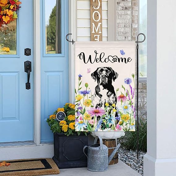 Welcome Summer Black Lab Garden Flag for Outside Spring Floral Labrador Dog Banner 12x18 Double Sided Seasonal Yard Signs Lawn Outdoor Decoration