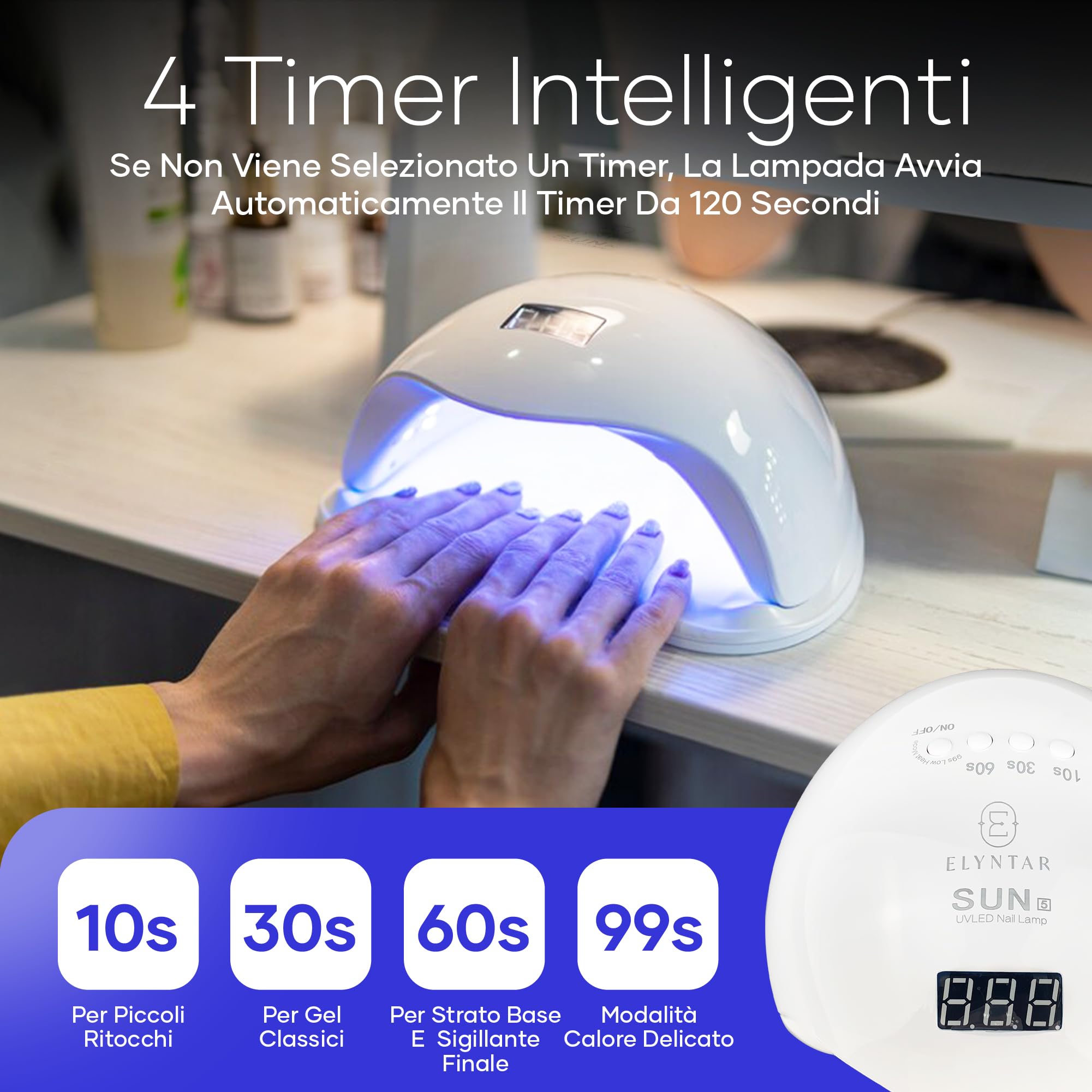 SUN 5 Lampada UV LED 48W per Unghie con Sensore e Timer | Sensore Automatico, Timer 10s/30s/60s/99s, Display LCD, 24 LED