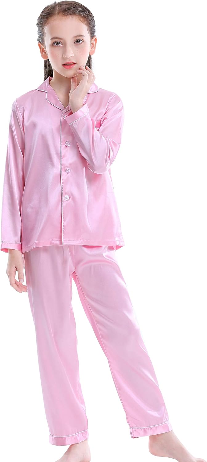 Girls Boys Satin Long Sleeve Button-Down Pajamas Set Sleepwear Loungewear