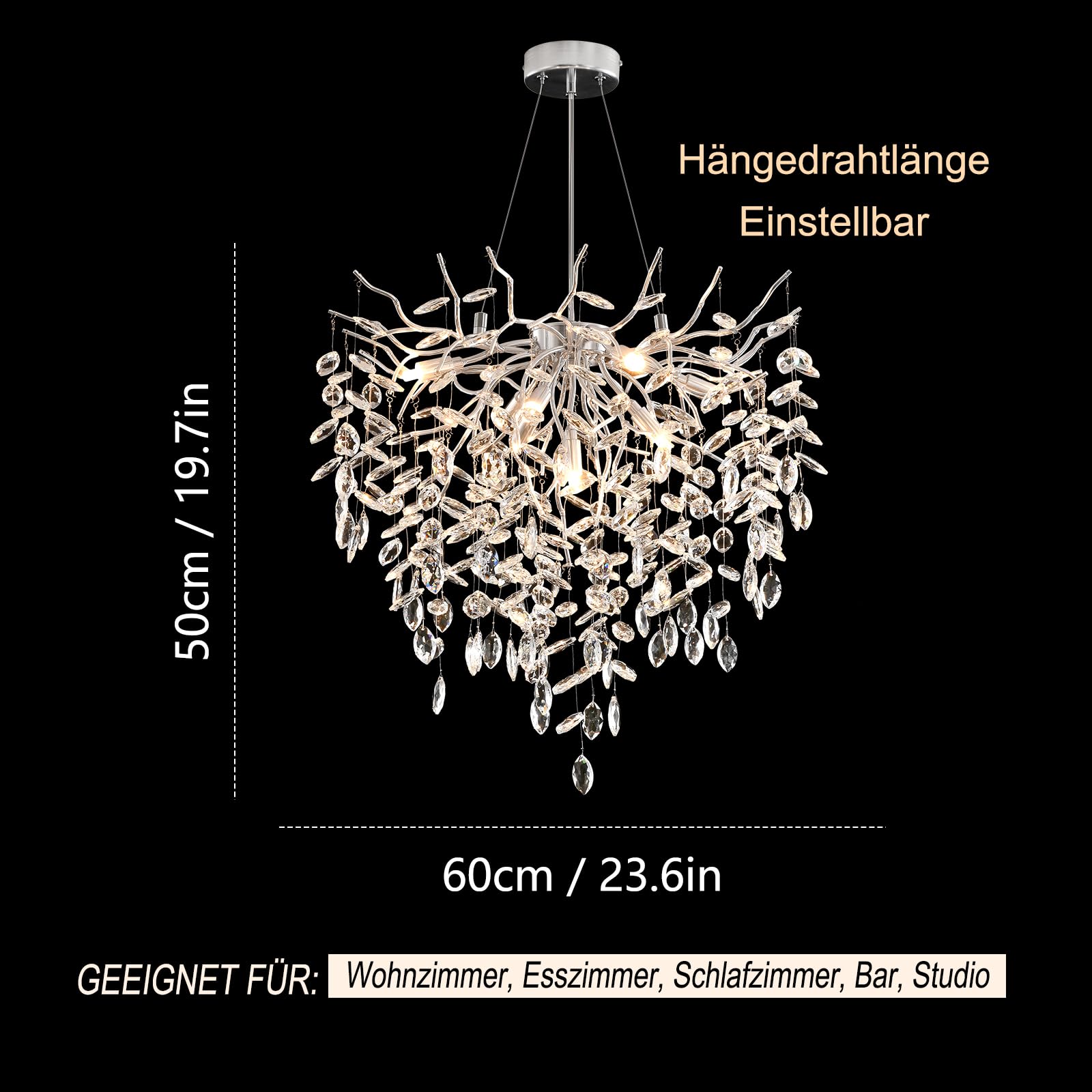 Lusso Lampadario di Cristallo, Argento Lampada a Sospensione di Cristallo a Forma di Ramo d'albero, Lampadario al Cristallo Luce per Sala da Pranzo, Soggiorno, Camera da Letto