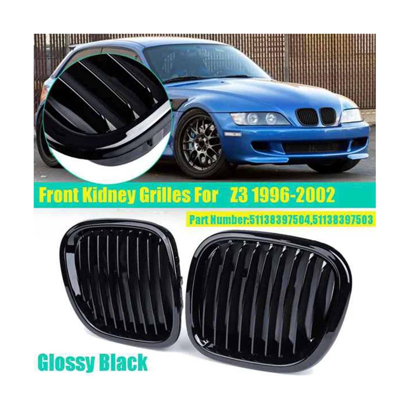 Griglia anteriore for cofano anteriore nera lucida for auto, griglie sportive da corsa compatibili con BMW Z3 Cabrio Coupé 1996-2002