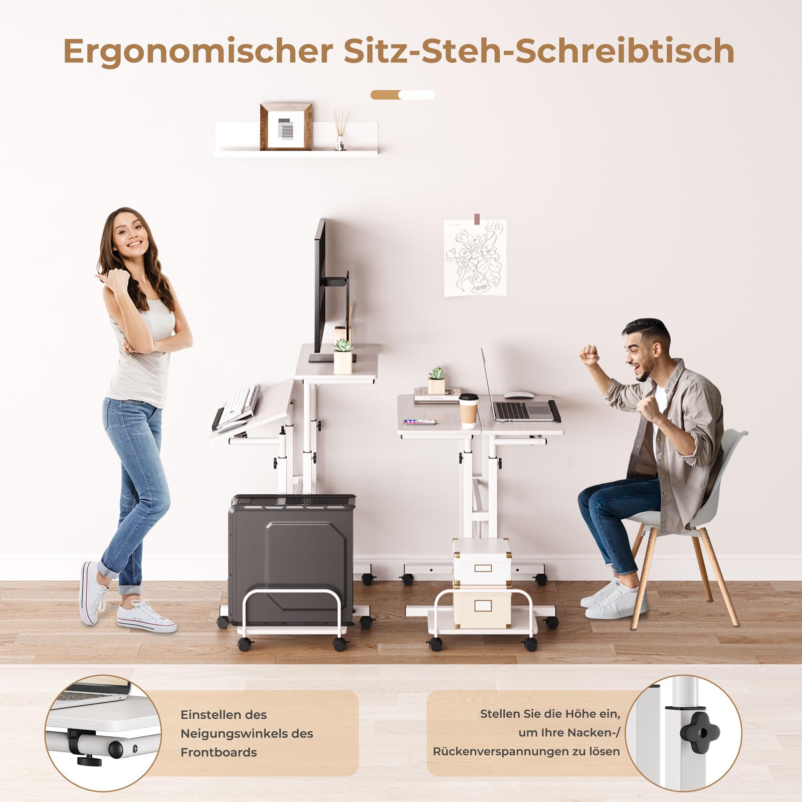 Dripex 60x60cm Stehpult Höhenverstellbar Schreibtisch, Mobiler Computertisch mit 4 Rollen, Steh-Sitz Tisch Laptoptisch neigbar Tischplatte, für Zuhause Büro,Weiß