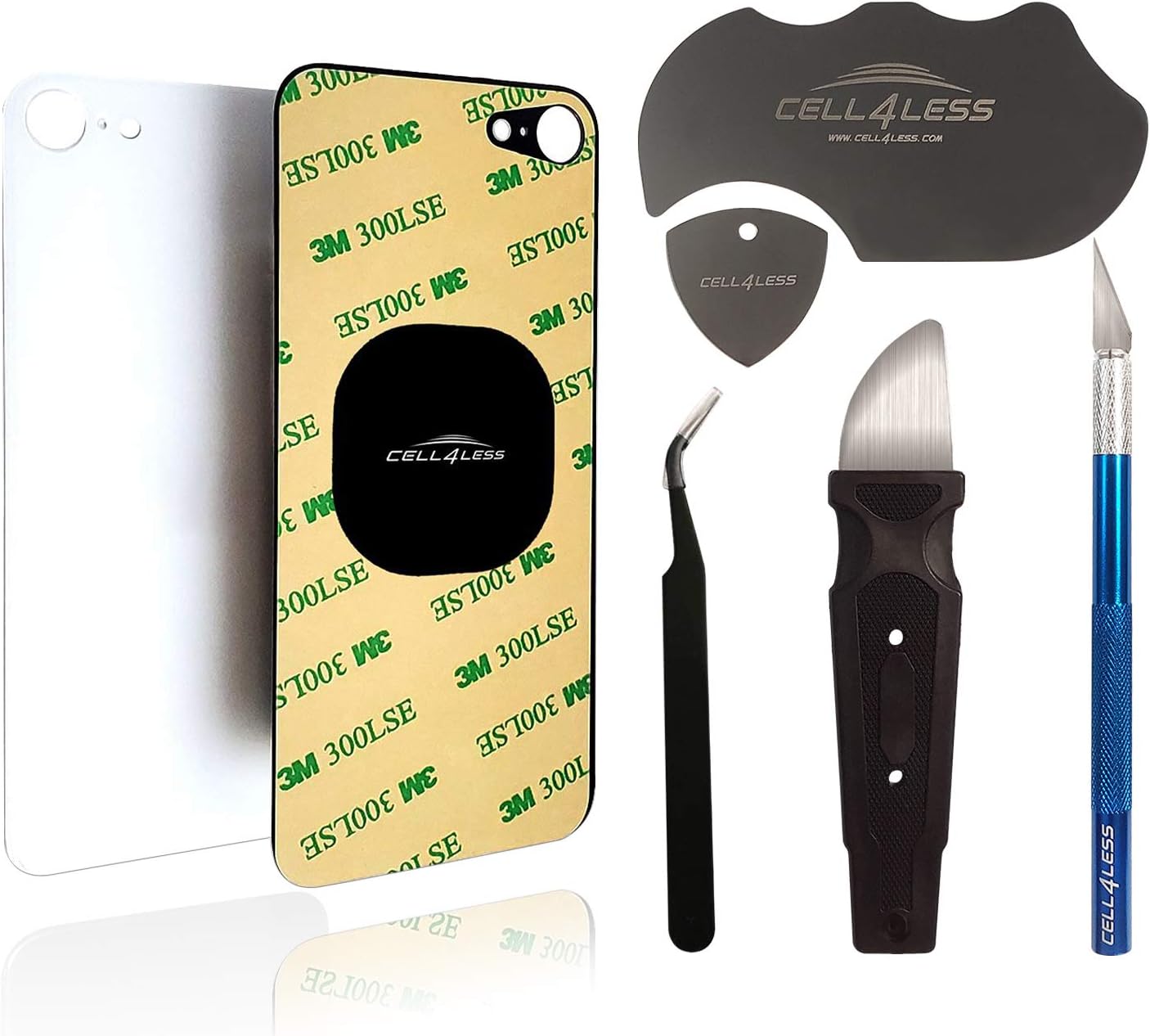 Cell4less Back Glass Compatible with The iPhone SE W/Full Body Adhesive, Removal Tool, and Wide Camera Hole for Quicker Installation NO Logo (White w/Tool)