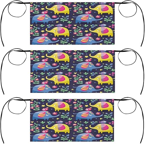 KOBLEN Elephant Bird Flowers 3 Pack Server Aprons with 3 Pocket Waterproof Womens Half Waist Aprons for Cooking Dishwashing Kitchen Gardening Salon
