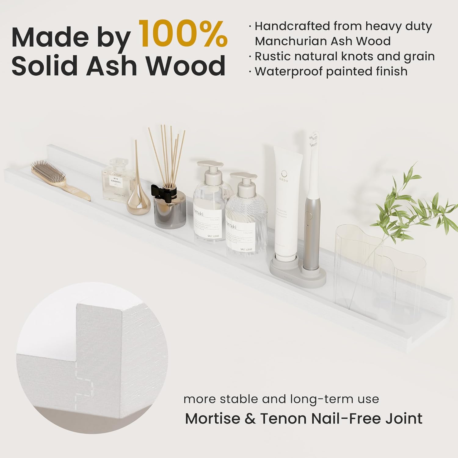 Condition photo showing New/Like New for solid ash wood picture ledge shelf, 36 inch floating shelves with lip set of 2, photo ledge shelf nursery bookshelf wall mounted for living room bedroom decor, white ash wood-white 36in