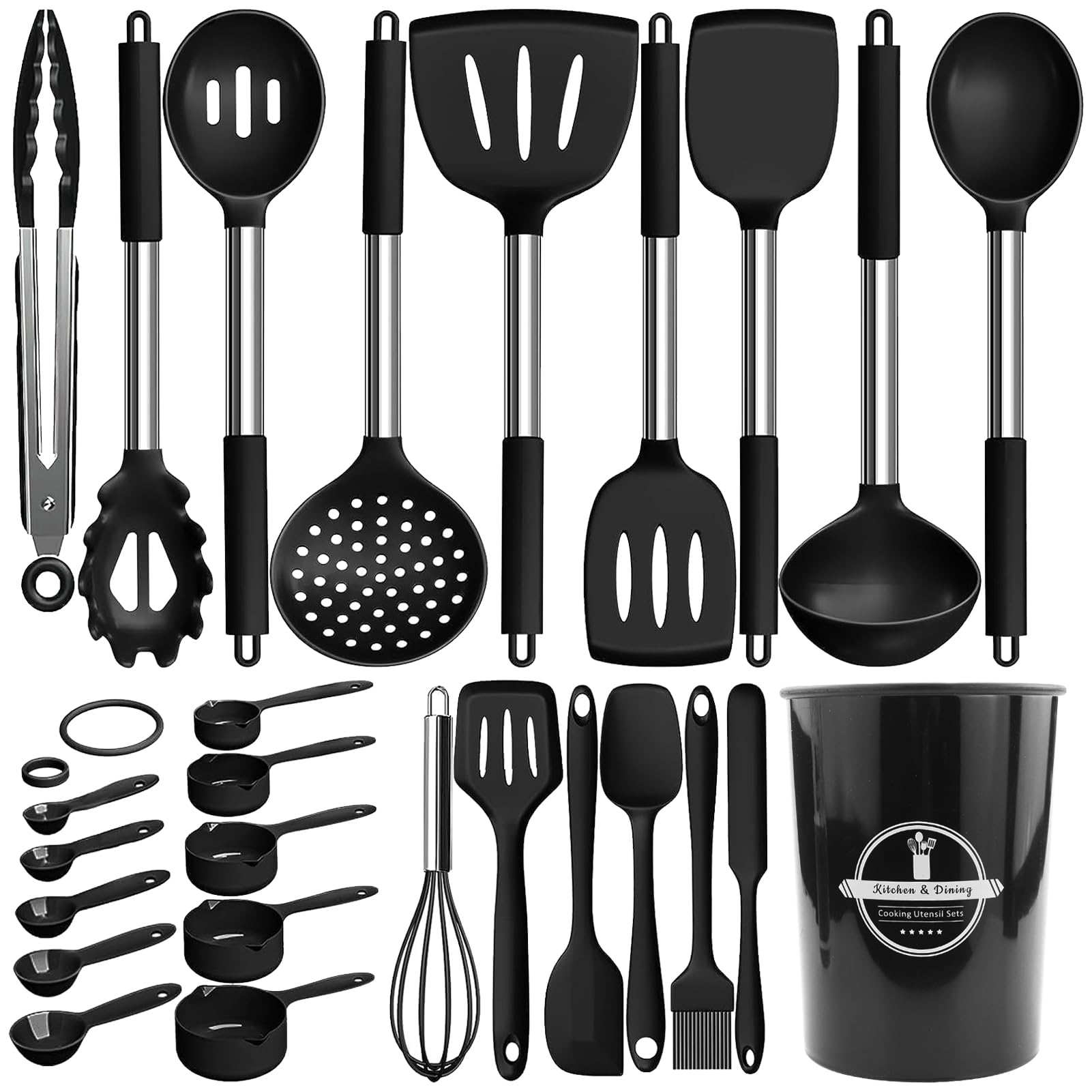 Set di 26 utensili da cucina in silicone, con supporto per utensili e ganci, antiaderenti con manico in acciaio inox