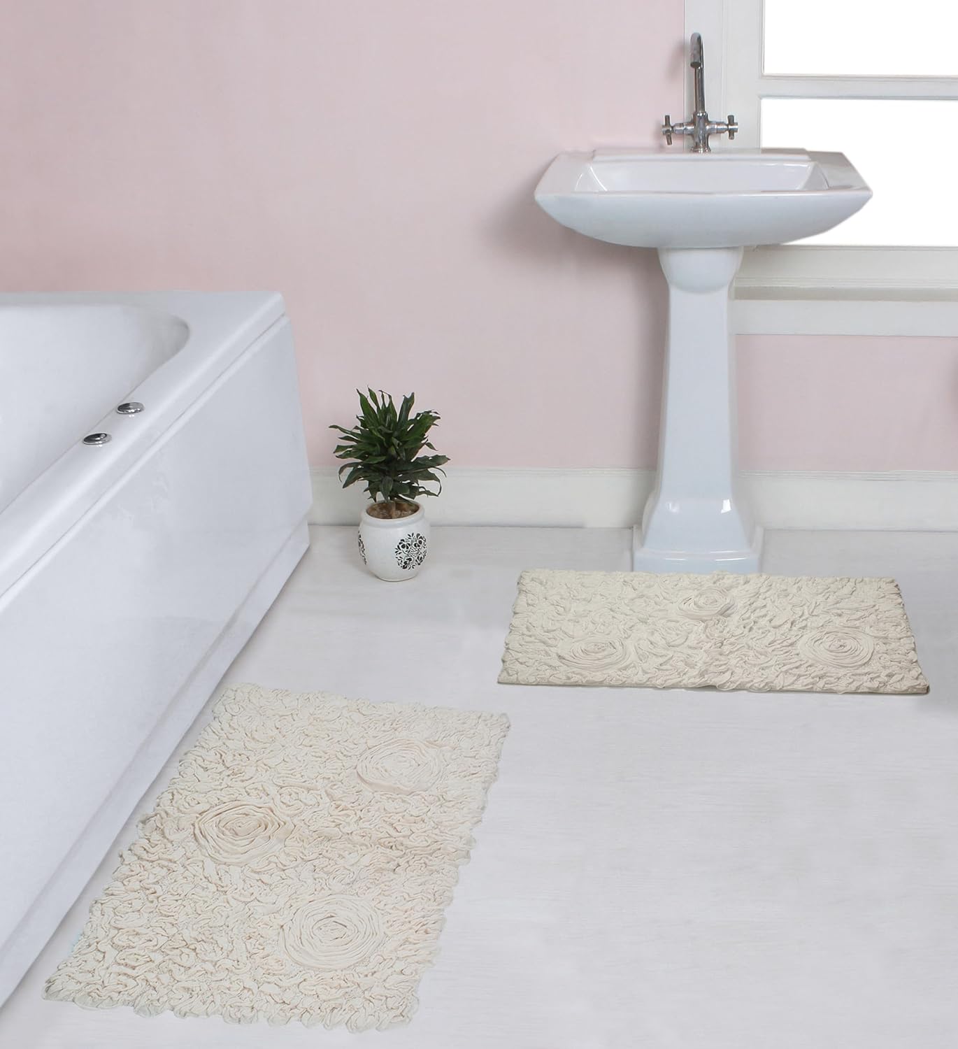 Home Weavers Bell Flower Collection 100% Cotton Tufted Bath Rugs, Extra Soft and Absorbent Bath Rugs, Non-Slip Bath Mats, Machine Washable, Bath Mats for Bathroom Floor, 2 Piece Set(M+L), Ivory
