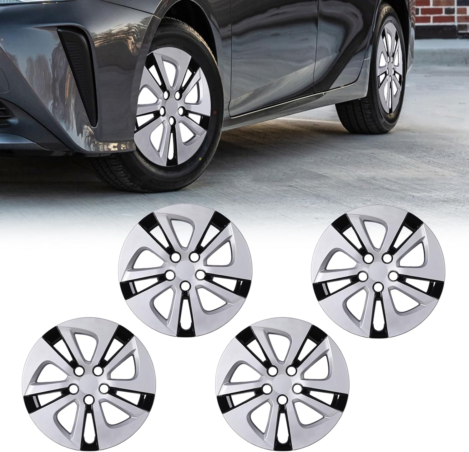 WolfX 15 Inch Hubcaps Set of 4 Wheel Rim Cover for Toyota Prius 2016-2022/Prius Prime 2017-2022/Corolla Hybrid 2020-2024 (Only Fit Aluminium Alloy Hub) PP Hub Cap, Silver Lacquer & Black Lacquer