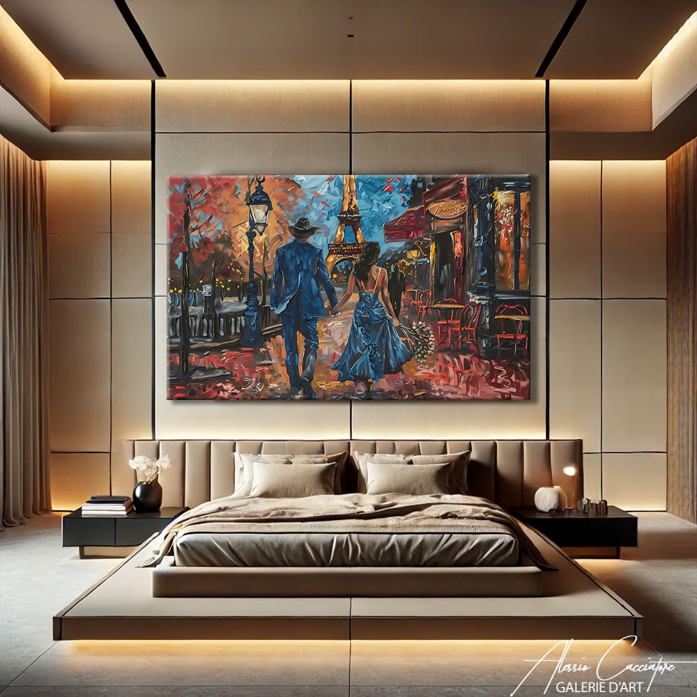 Alessio Cacciatore Quadro per camera da letto coppia, decorazione da parete con amore e coppia, idea regalo per giovani coppie, decorazione da parete Parigi - tela coppia innamorata