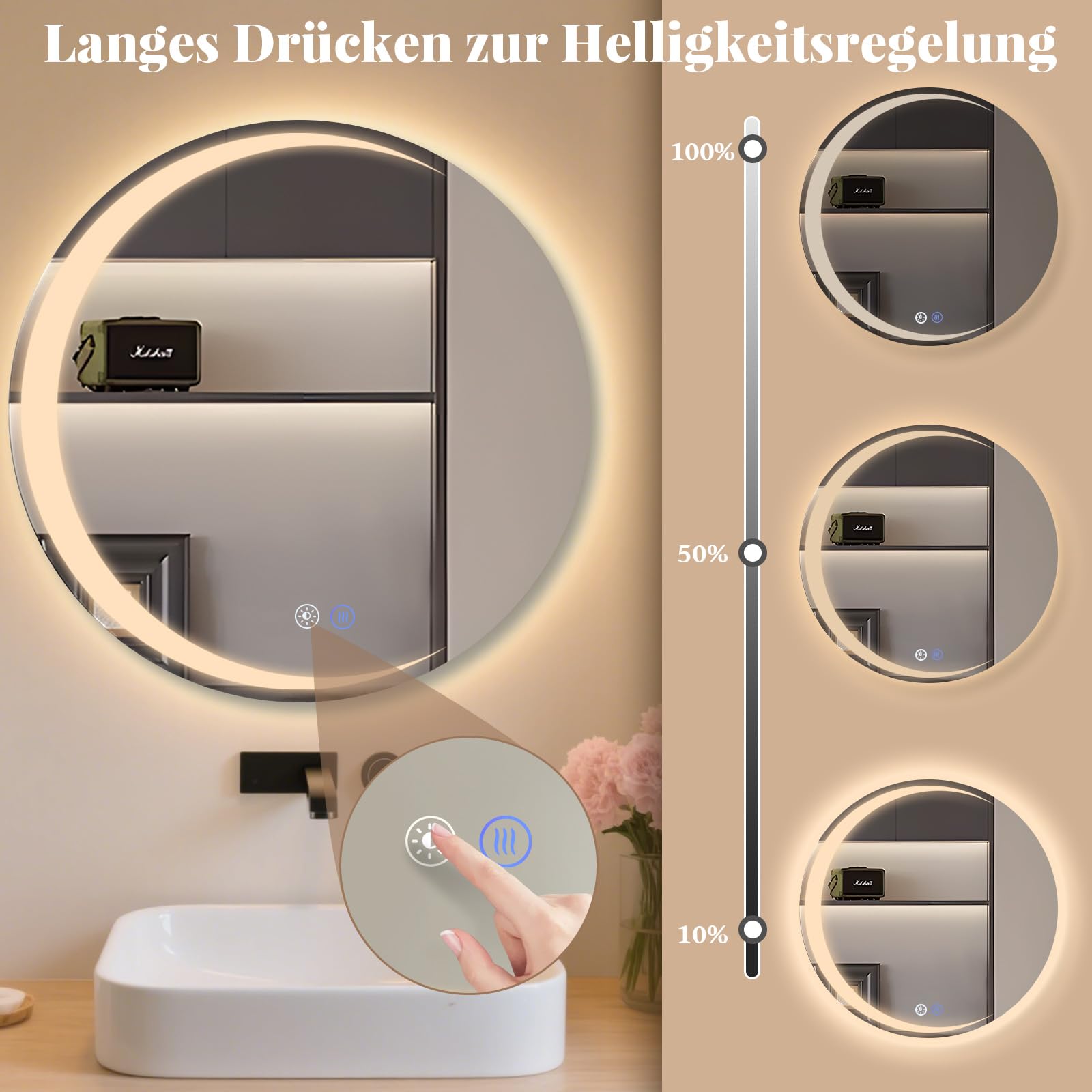 Specchio Bagno Specchio Led - Girare 50cm Specchiera Bagno con Luce 70cm Antifog Dimmerabile 3 Colori Luce Memoria HD Vetro Temperato IP44 Installazione Semplice