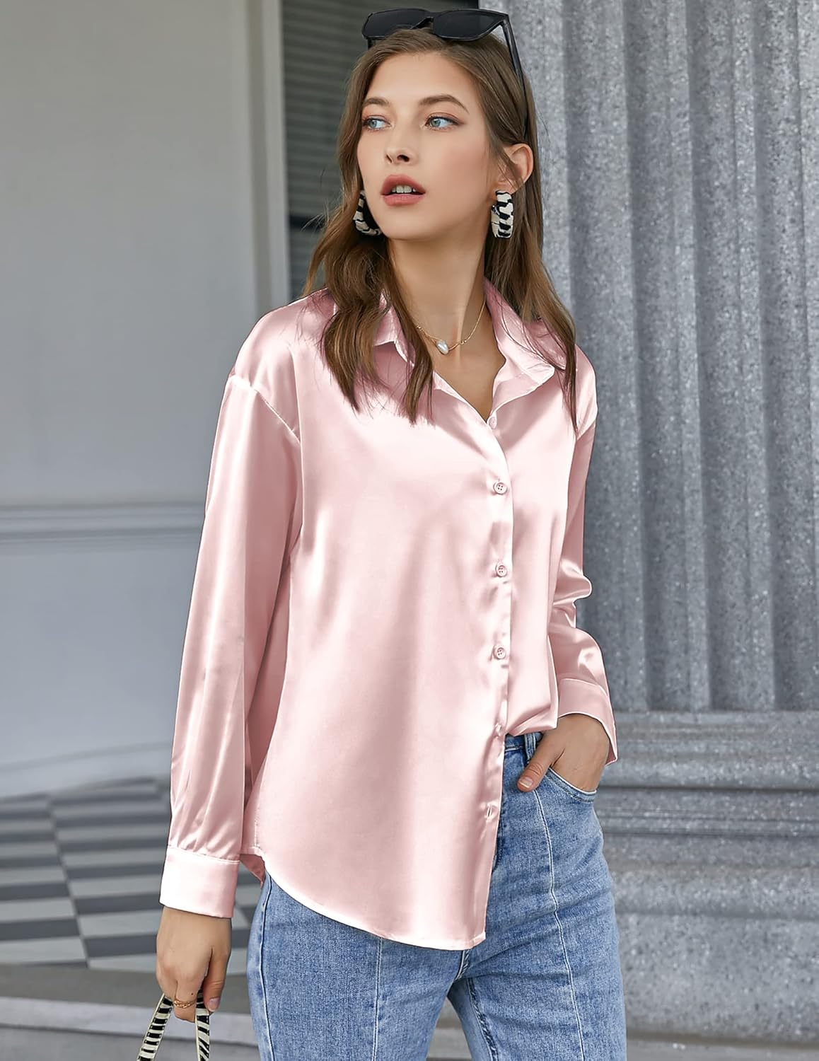 Chigant Women's Blouse Satin Silk Shirts Button Down Shirts Casual Loose Long Sleeve Office Work Tunic Tops - Image 4