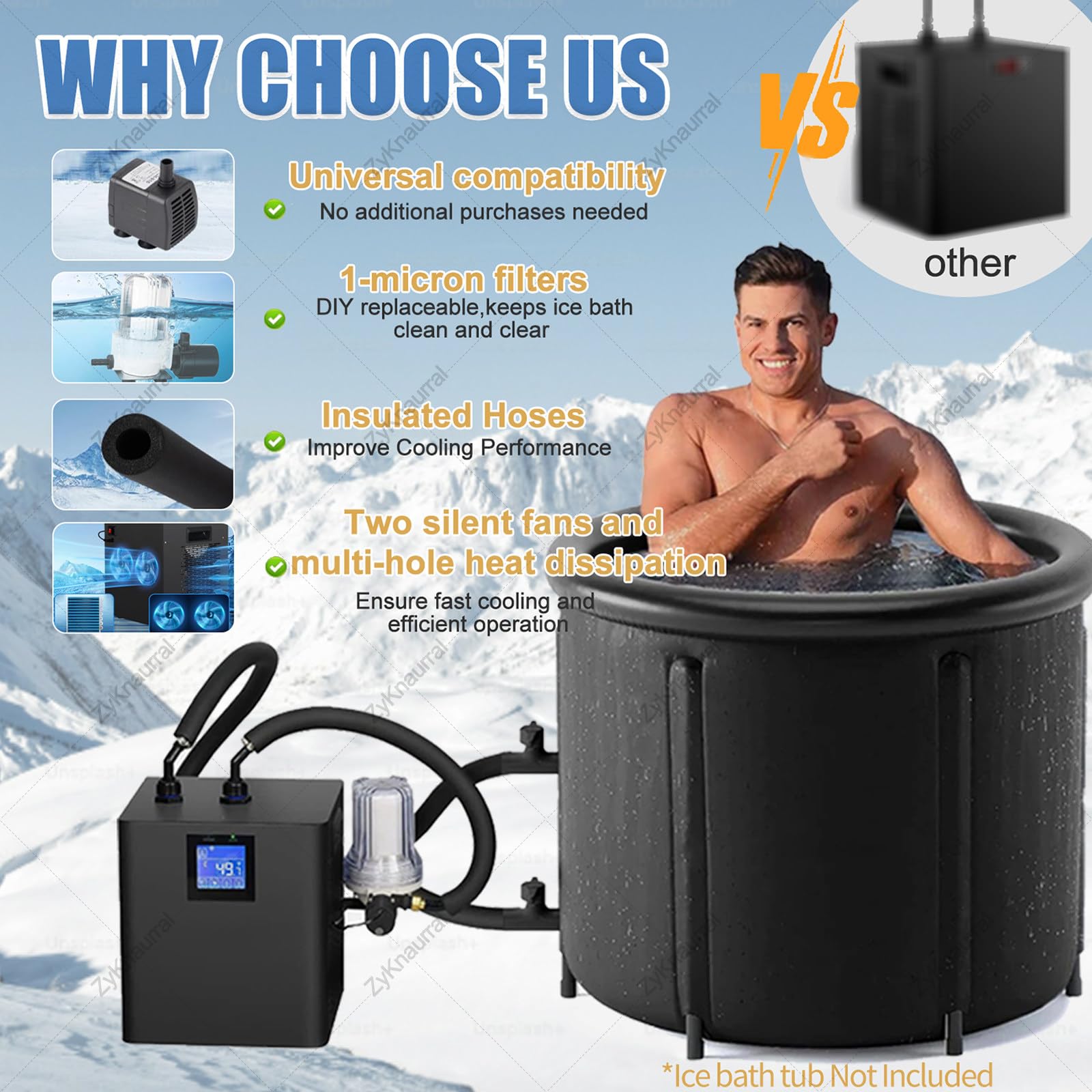 Eisbadkühler, 1/3 Ps Kaltwasserkühler Mit Externem Filter Und Pumpe, Isolierte Schläuche Verbessern Die Kühlleistung, Erholungswasserkühler Für Sportler DoublePumps