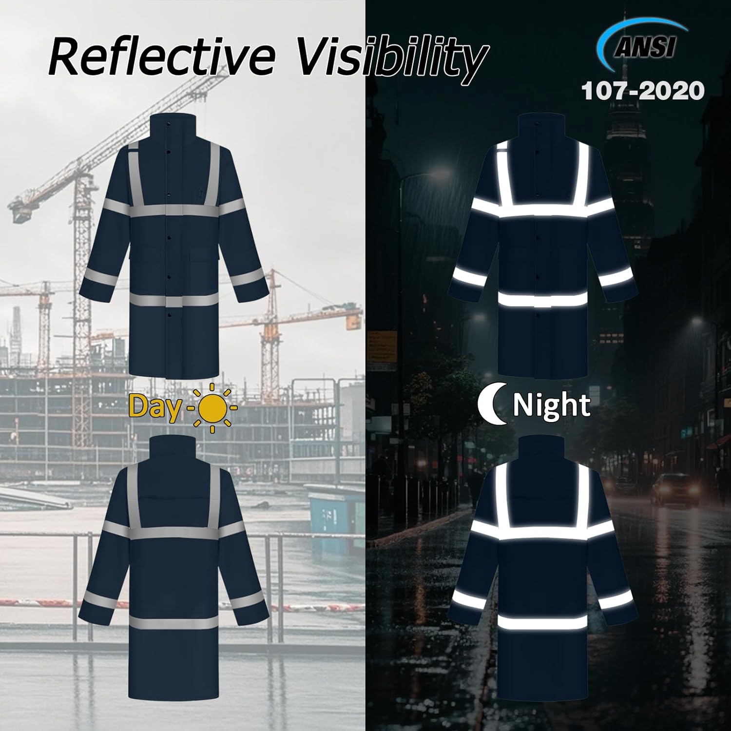 High Visibility Rain Coat, High Vis Rain Suit for Men Women, Waterproof Rain Jacket with Hood, Class 3 Lightweight Hi Vis Rain Gear for Outdoor Activities& Safety Work, Dark Blue Long, M - Image 3