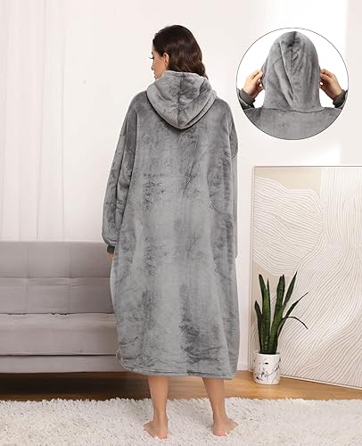 Miniatura 2 de Sendowtek Manta larga Sherpa con capucha para mujeres y hombres, con bolsillo gigante, acogedora manta con capucha para adultos y adolescentes (gris)