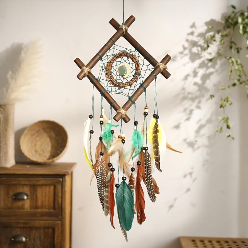 Dream Catcher Boho Wall Decor, Rattan & Goose Feather & Crystal Wall Art