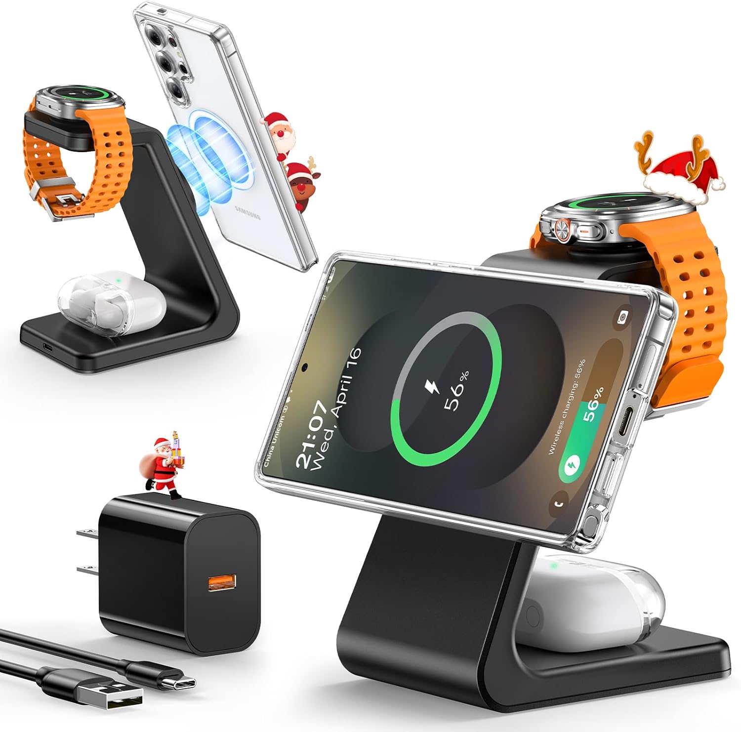 Magnetic Wireless Charger for Samsung, 3 in 1 Mag-Safe Fast Wireless Charging Station for S25 Ultra S24 S23 S22/ Z Fold 7/ Z Flip 7, Galaxy Watch Charger for Galaxy Watch Ultra/8/7/6, Galaxy Buds Pro