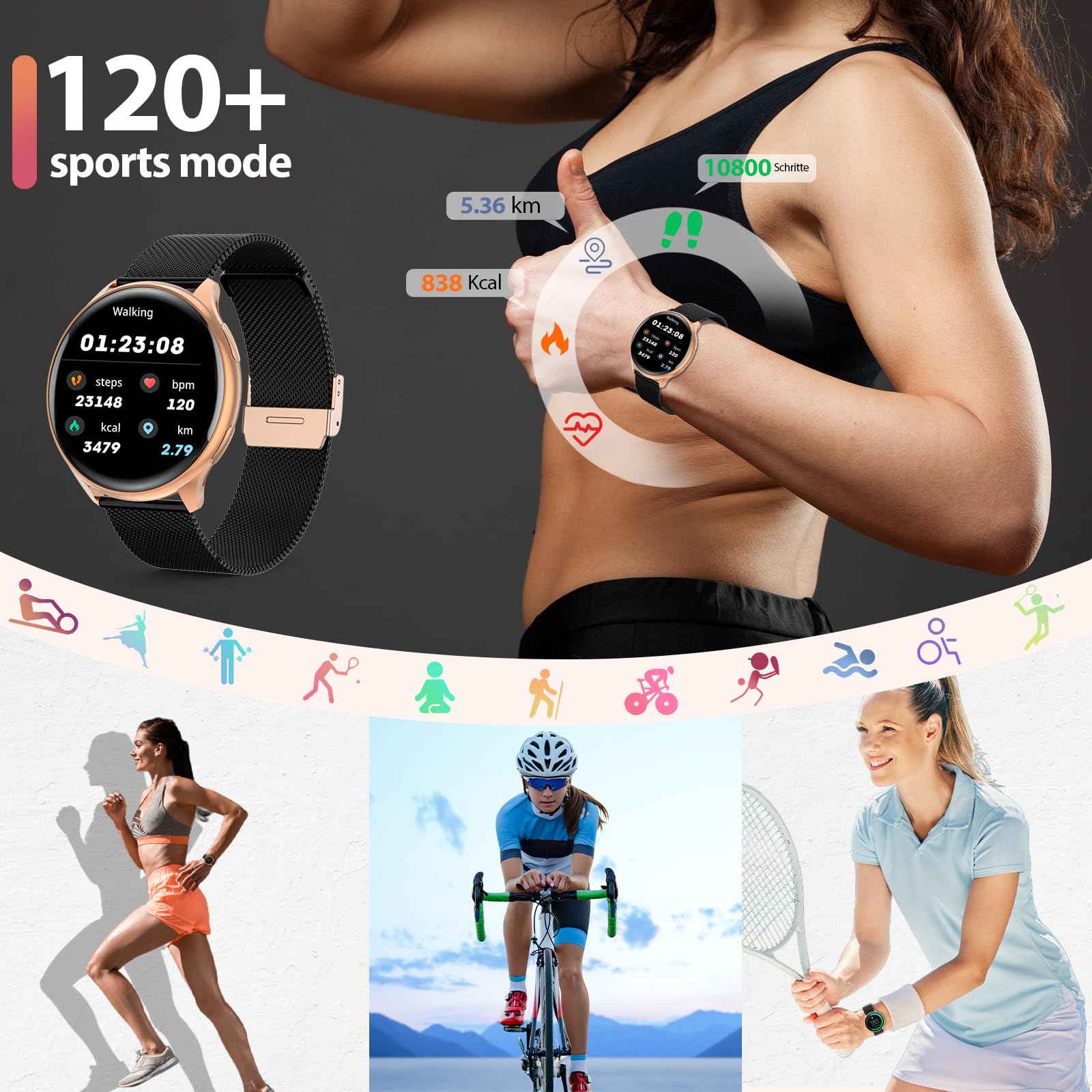 QEYUMYEU 2025 Smartwatch Donna con ET/HRV/SIRI - 1.39" TFT Orologio con Chiamate, 24H Sonno Cardiofrequenzimetro, SpO2, Ciclo Mestruale, IP68, Monitoraggio Fitness, per Android & iOS (Oro nero)