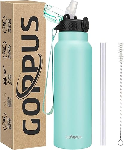 GOPPUS Botella de agua aislada al vacío de doble pared de 24 onzas con pajilla, taza de agua deportiva de acero inoxidable, a prueba de fugas, boca