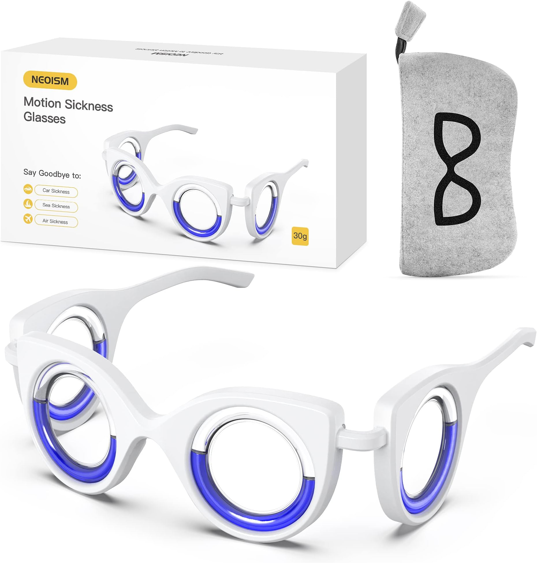 Anti Motion Sickness Glasses Relieve Carsickness Airsickness Seasickness Glasses Light Portable Nausea Relief Glasses for Travel for Adults or Kids 5.9 in/5.24in/2.05in M Size, M+ Black Bag