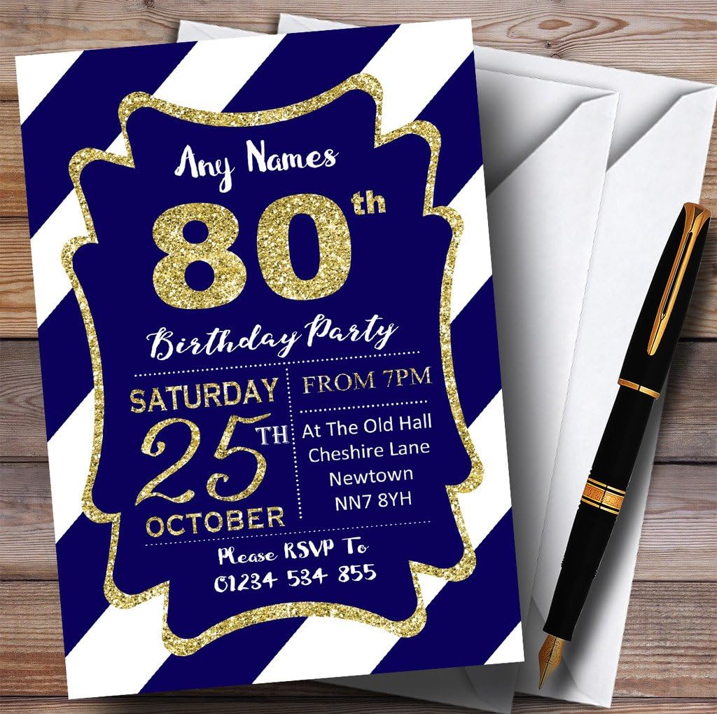 Blue White Diagonal Stripes Gold 80th Personalized Birthday Party Invitations