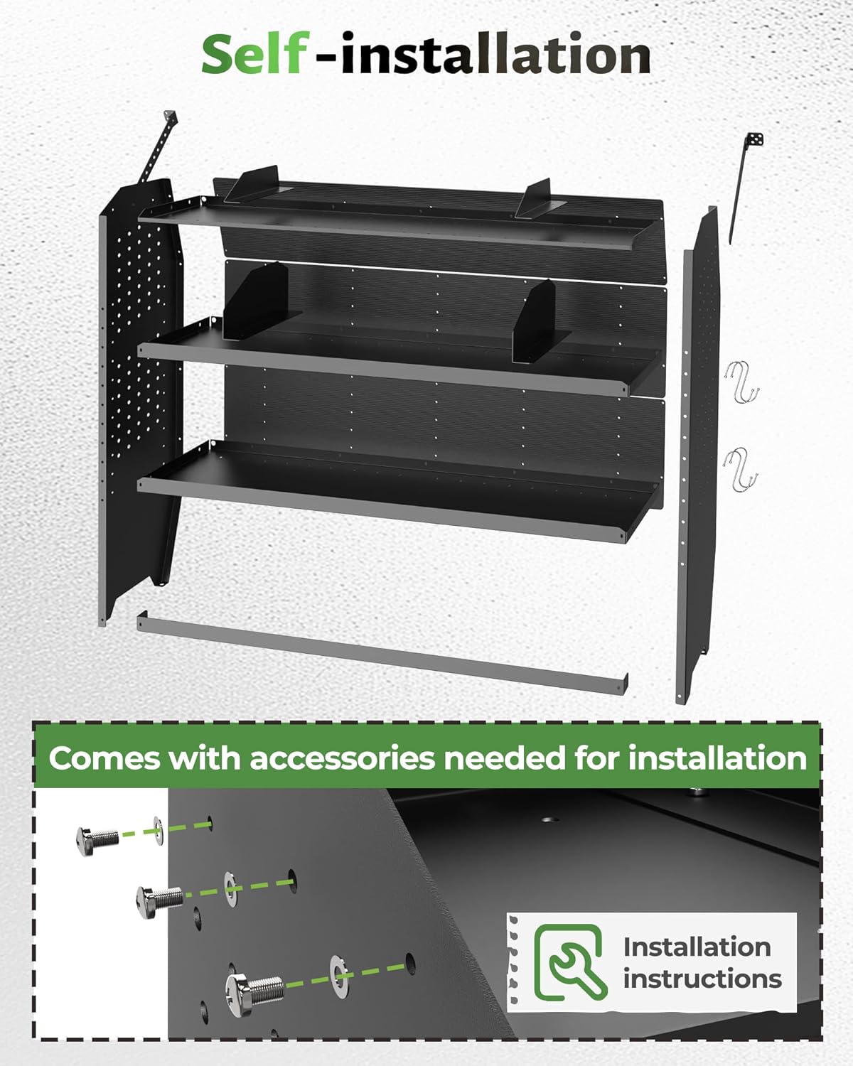 StarONE Cargo Van Shelving Storage Fit for Ford Transit,GMC,Chevy Express,NV,Promaster,Sprinter and Metris w/Hooks,Black,Steel,52" W x 46" H x 13" D