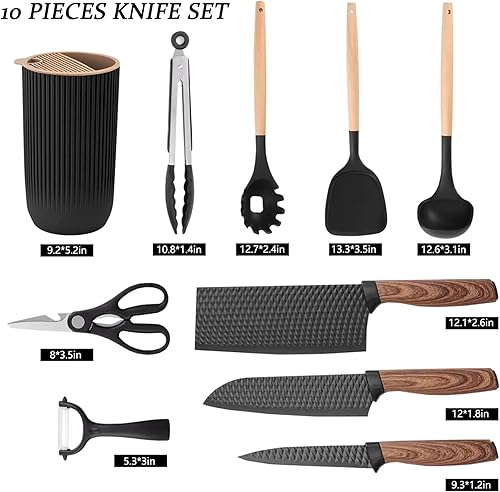 Miniatura 7 de Juego de cuchillos de cocina profesional de 10 piezas con bloque universal de cuchillos, antiadherentes, resistentes al calor, herramientas de