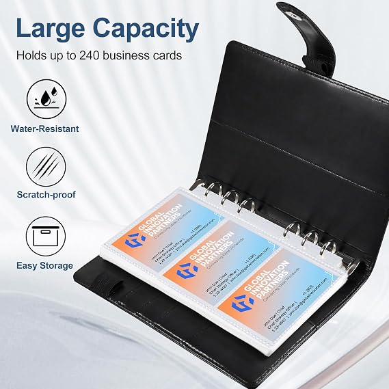 BYSTER Business Card Organizer, 40 Pack 240 Pockets Inner Refill Page Sleeves Business Card Holder Organizer, Professional PU Leather Business Card Book