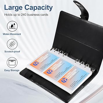 BYSTER Business Card Organizer, 40 Pack 240 Pockets Inner Refill Page Sleeves Business Card Holder Organizer, Professional PU Leather Business Card Book