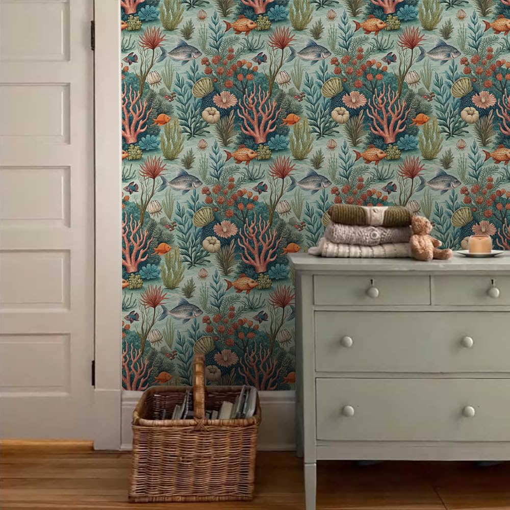18"x236" Various Underwater Creatures Coral Peel and Stick Self Adhesive Wallpaper Removable Contact Paper Stick on Easy Peel Off Wall Paper for Kitchen Bedroom Bathroom Renter